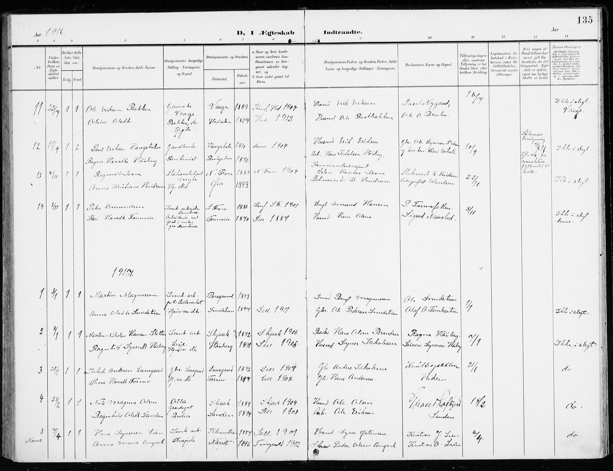 Sel prestekontor, AV/SAH-PREST-074/H/Ha/Haa/L0002: Parish register (official) no. 2, 1905-1919, p. 135