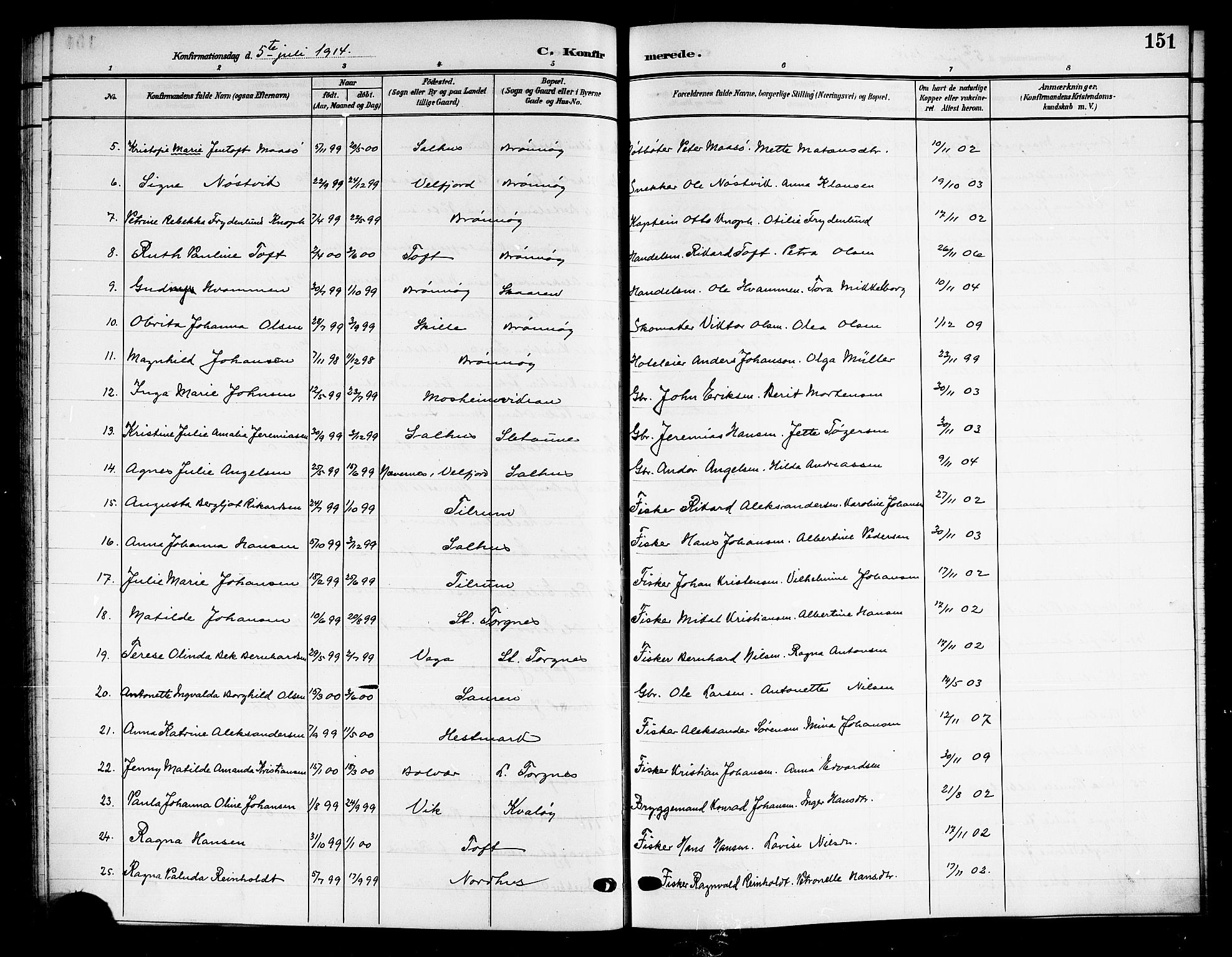 Ministerialprotokoller, klokkerbøker og fødselsregistre - Nordland, AV/SAT-A-1459/813/L0214: Parish register (copy) no. 813C06, 1904-1917, p. 151