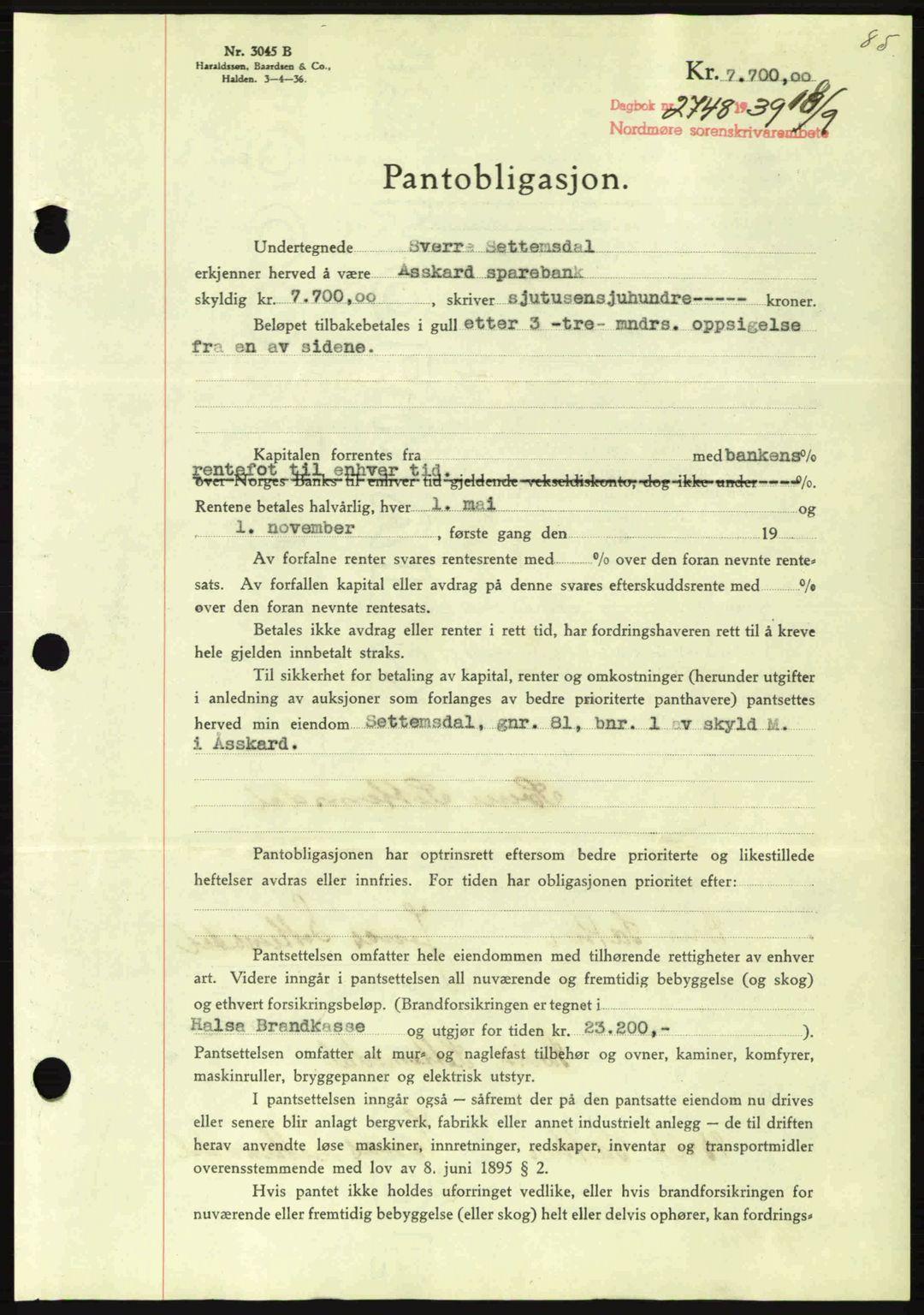 Nordmøre sorenskriveri, AV/SAT-A-4132/1/2/2Ca: Mortgage book no. B86, 1939-1940, Diary no: : 2748/1939