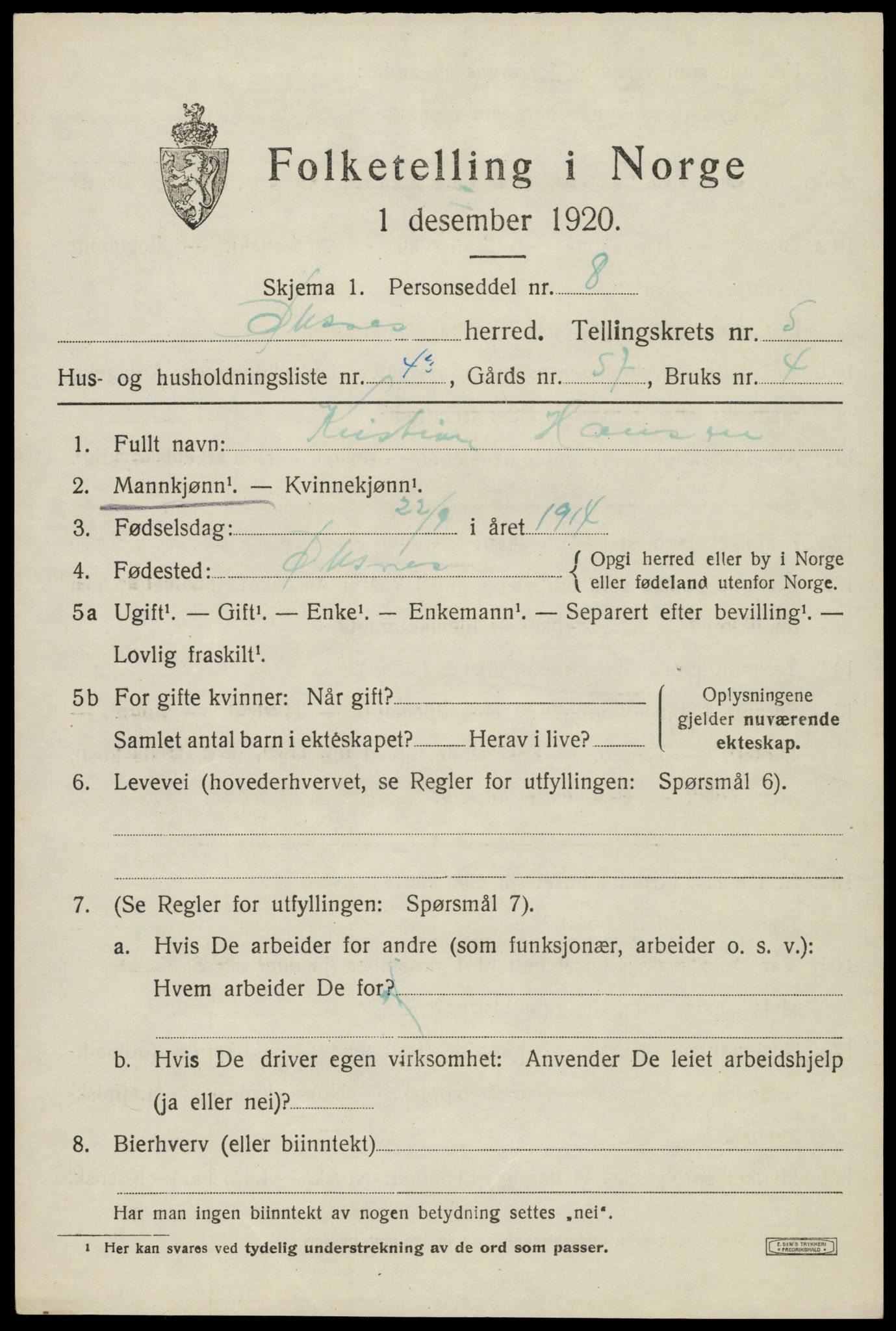 SAT, 1920 census for Øksnes, 1920, p. 4410