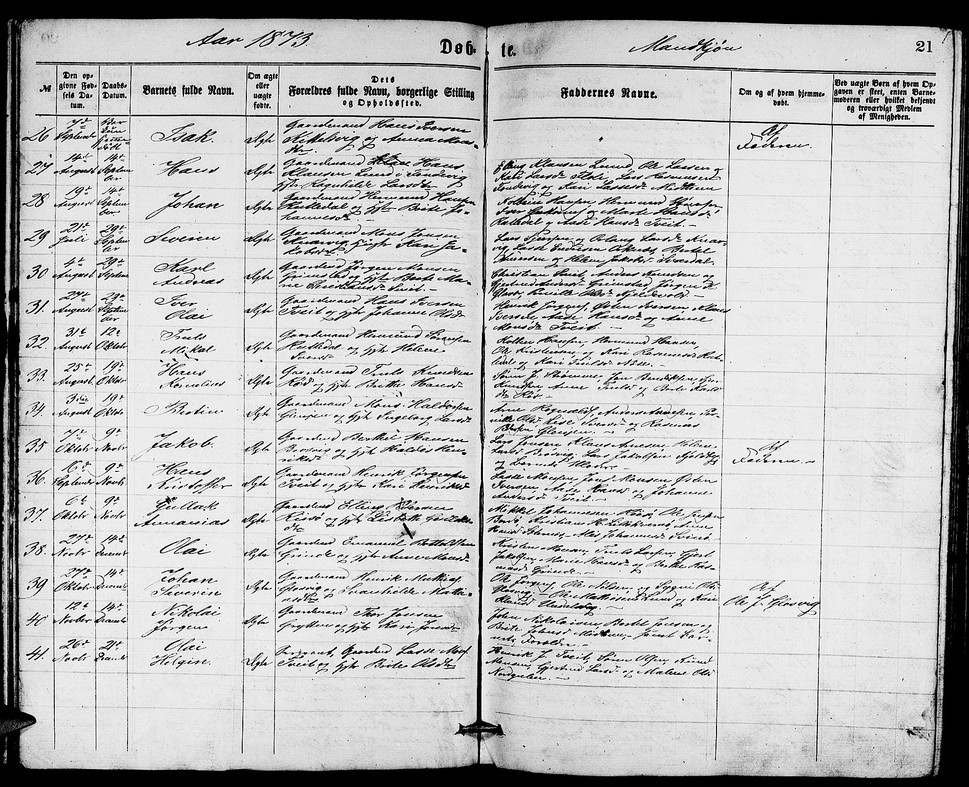 Gulen sokneprestembete, AV/SAB-A-80201/H/Hab/Habb/L0002: Parish register (copy) no. B 2, 1867-1883, p. 21