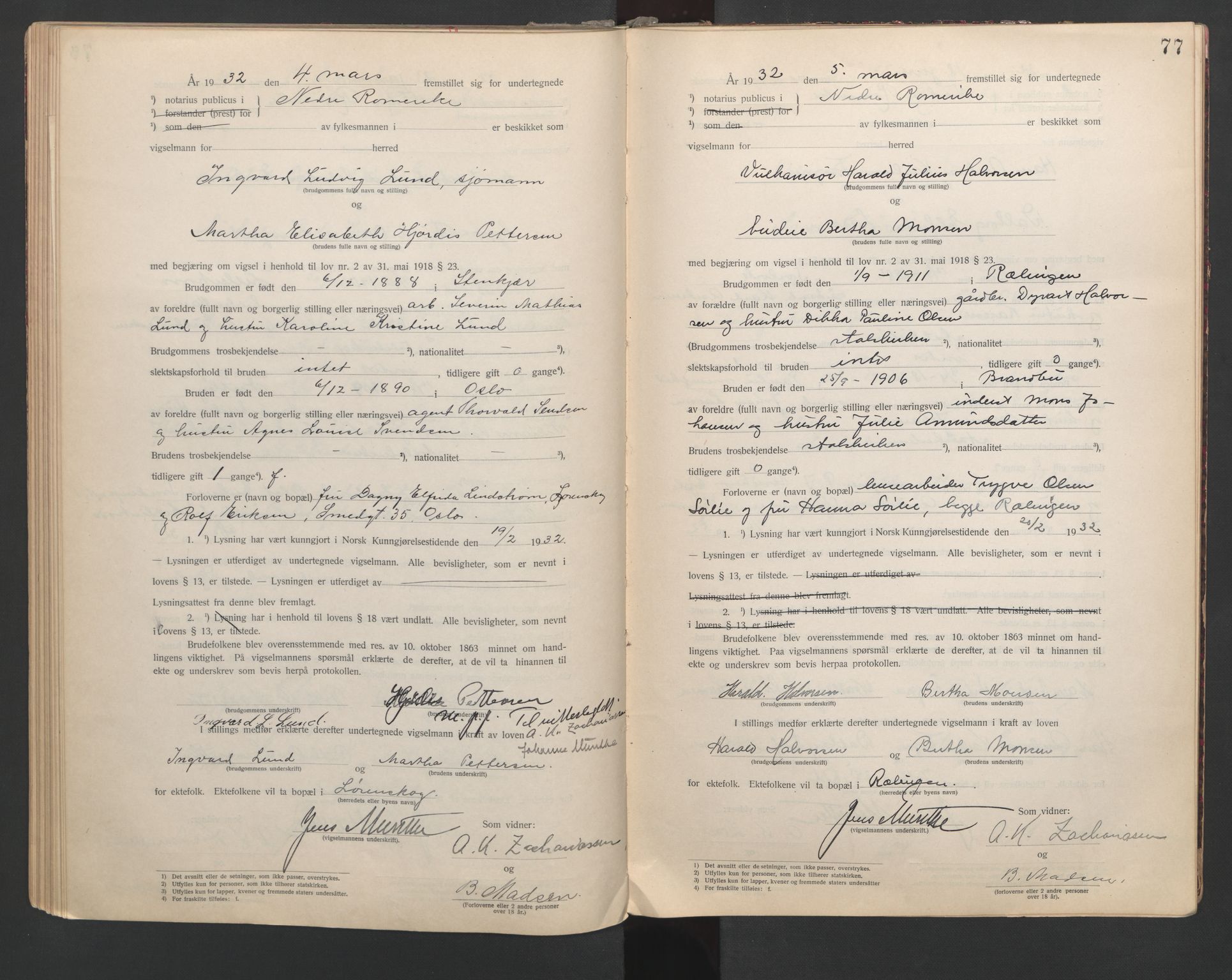 Nedre Romerike sorenskriveri, AV/SAO-A-10469/L/Lb/L0001: Vigselsbok - borgerlige vielser, 1920-1935, p. 77