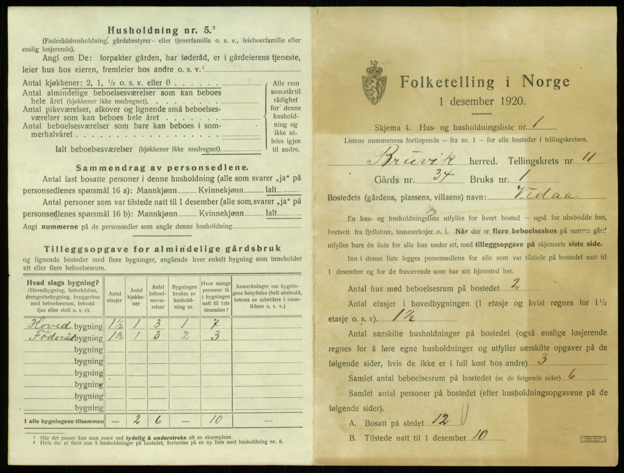 SAB, 1920 census for Bruvik, 1920, p. 823