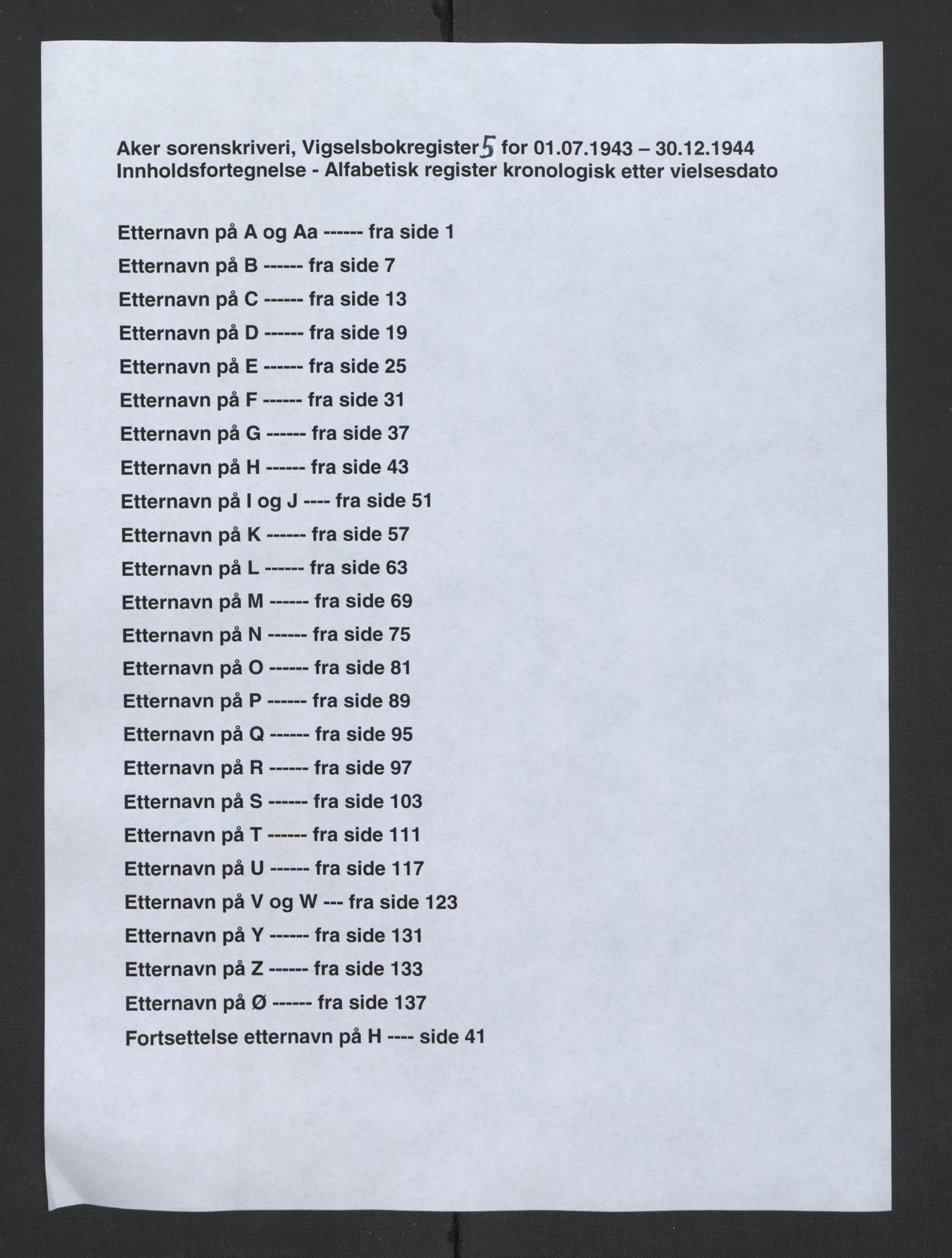 Aker sorenskriveri, AV/SAO-A-10895/L/Lc/Lca/L0001/0005: Register til vigselprotokoll / Register, 1943-1944