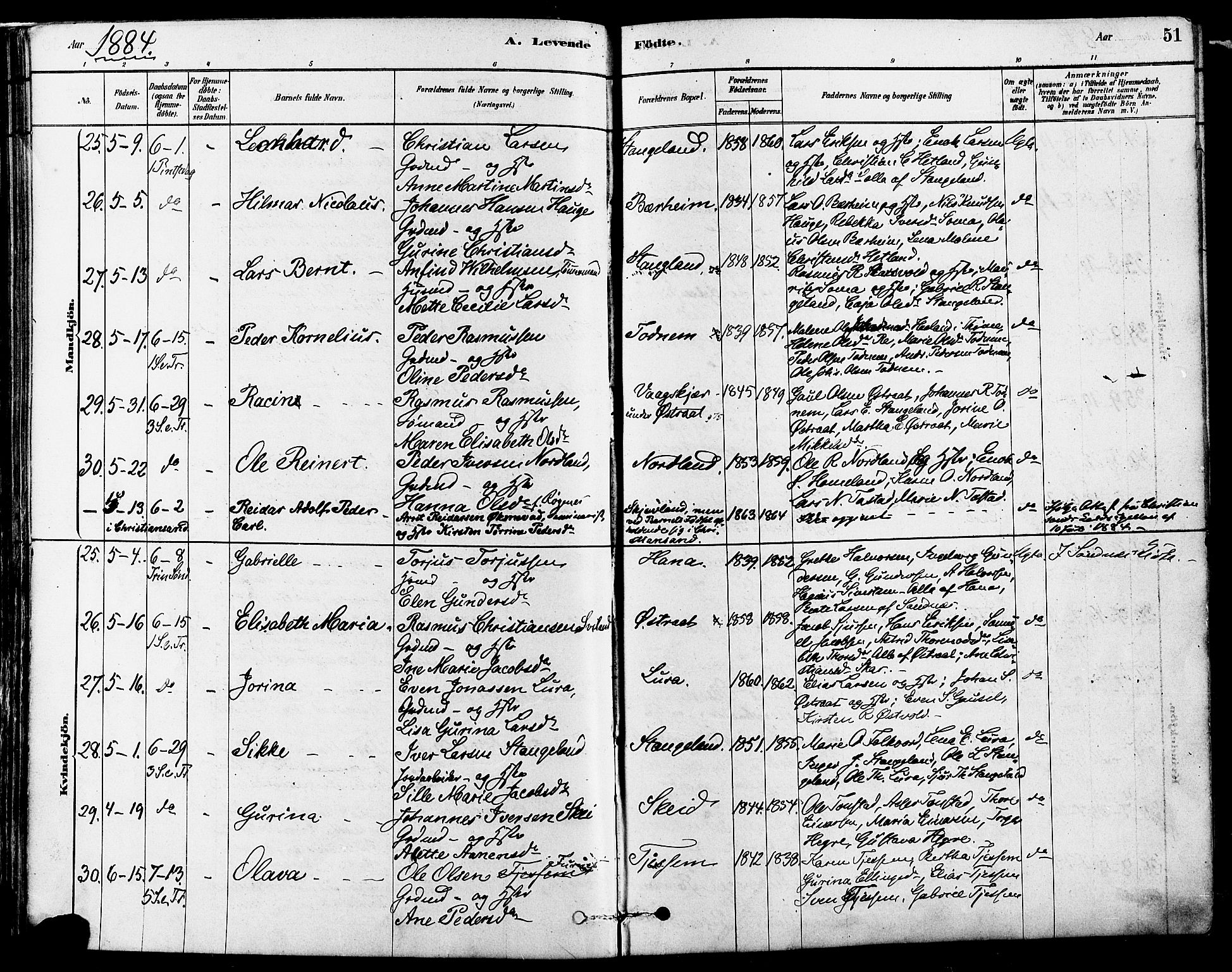 Høyland sokneprestkontor, AV/SAST-A-101799/001/30BA/L0011: Parish register (official) no. A 10, 1878-1888, p. 51