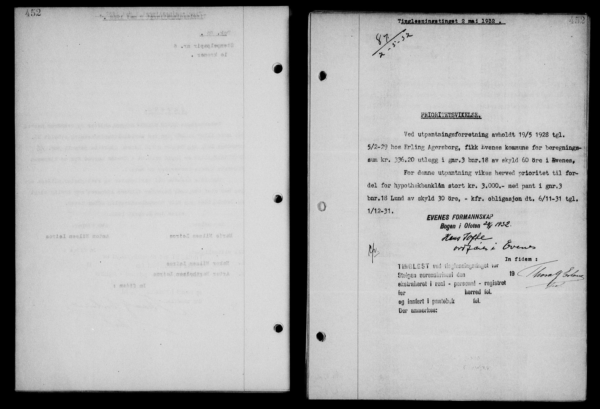 Steigen og Ofoten sorenskriveri, AV/SAT-A-0030/1/2/2C/L0020/0002: Mortgage book no. 23 og 25-I, 1932-1932, Deed date: 02.05.1932