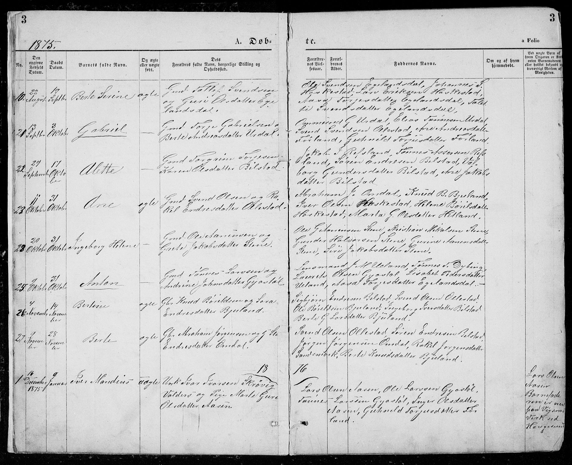 Lund sokneprestkontor, AV/SAST-A-101809/S07/L0005: Parish register (copy) no. B 5, 1875-1889, p. 3