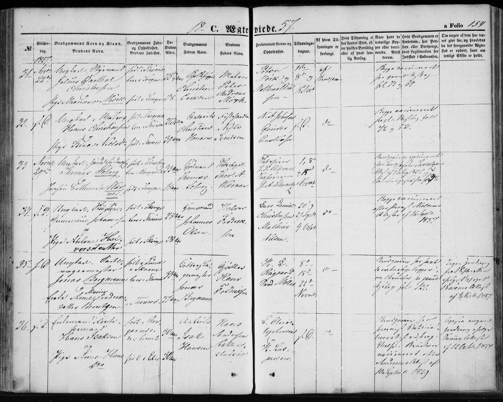 Strømsø kirkebøker, SAKO/A-246/F/Fa/L0017: Parish register (official) no. I 17, 1848-1865, p. 154