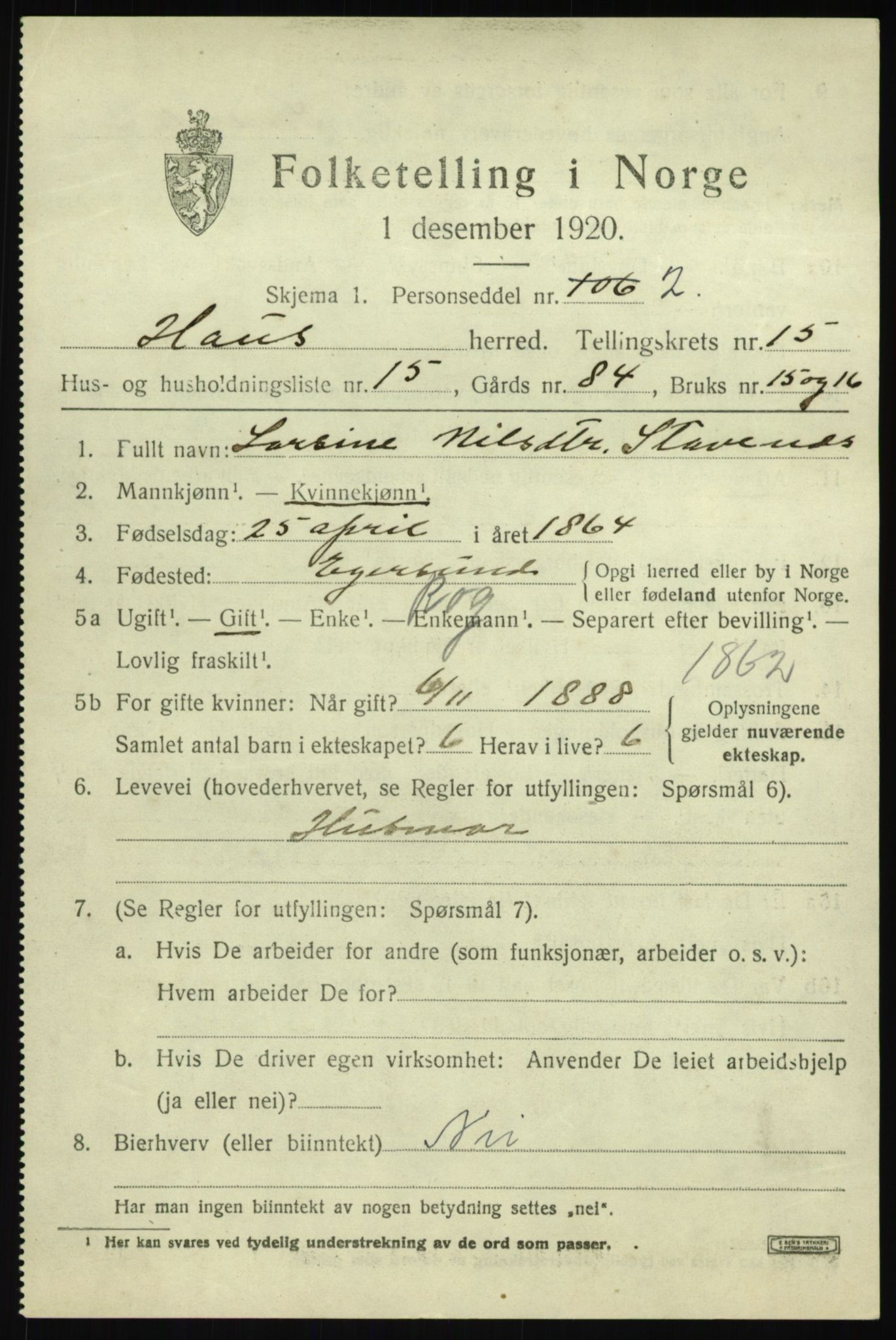 SAB, 1920 census for Haus, 1920, p. 9400