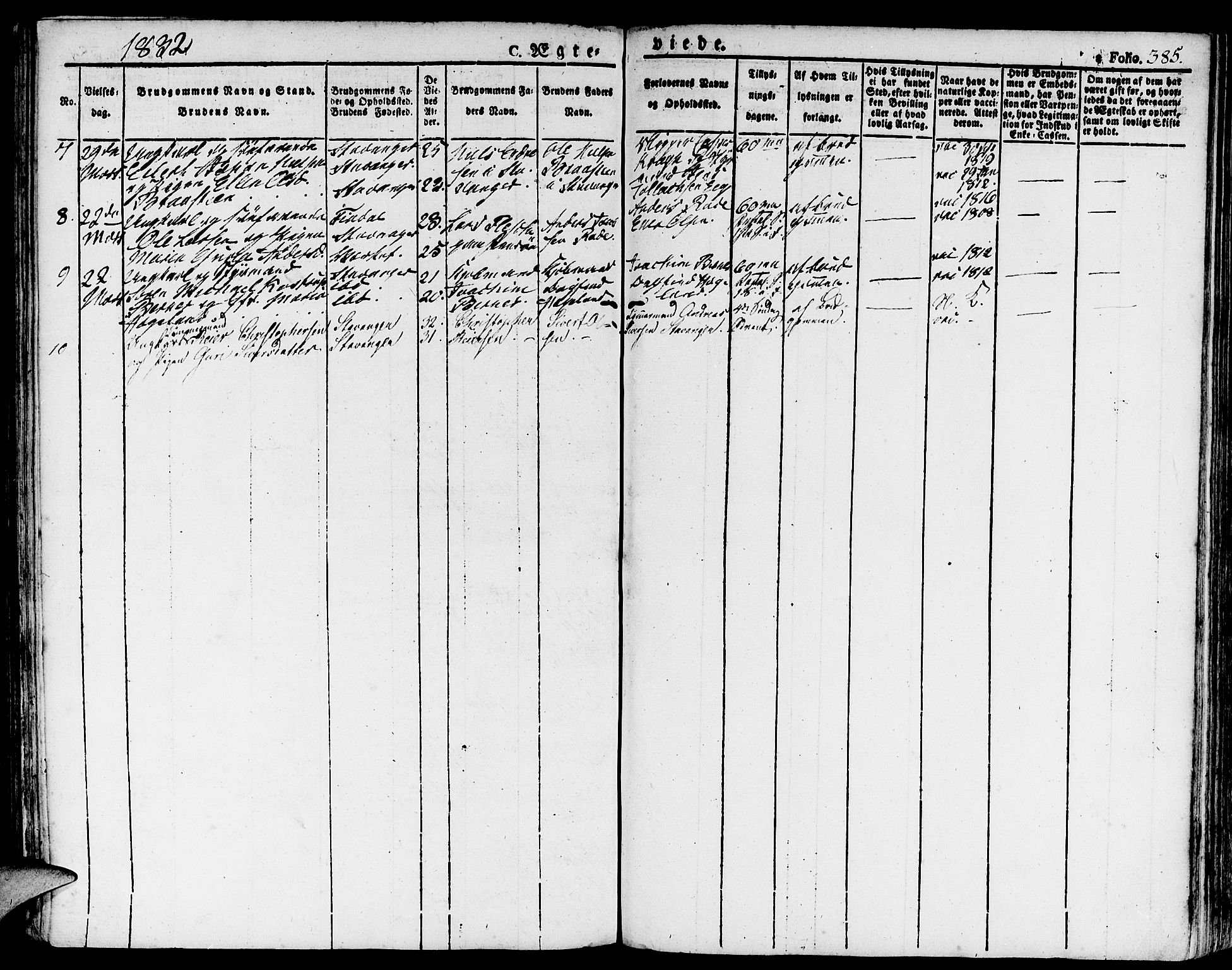 Domkirken sokneprestkontor, SAST/A-101812/001/30/30BA/L0009: Parish register (official) no. A 9, 1821-1832, p. 385