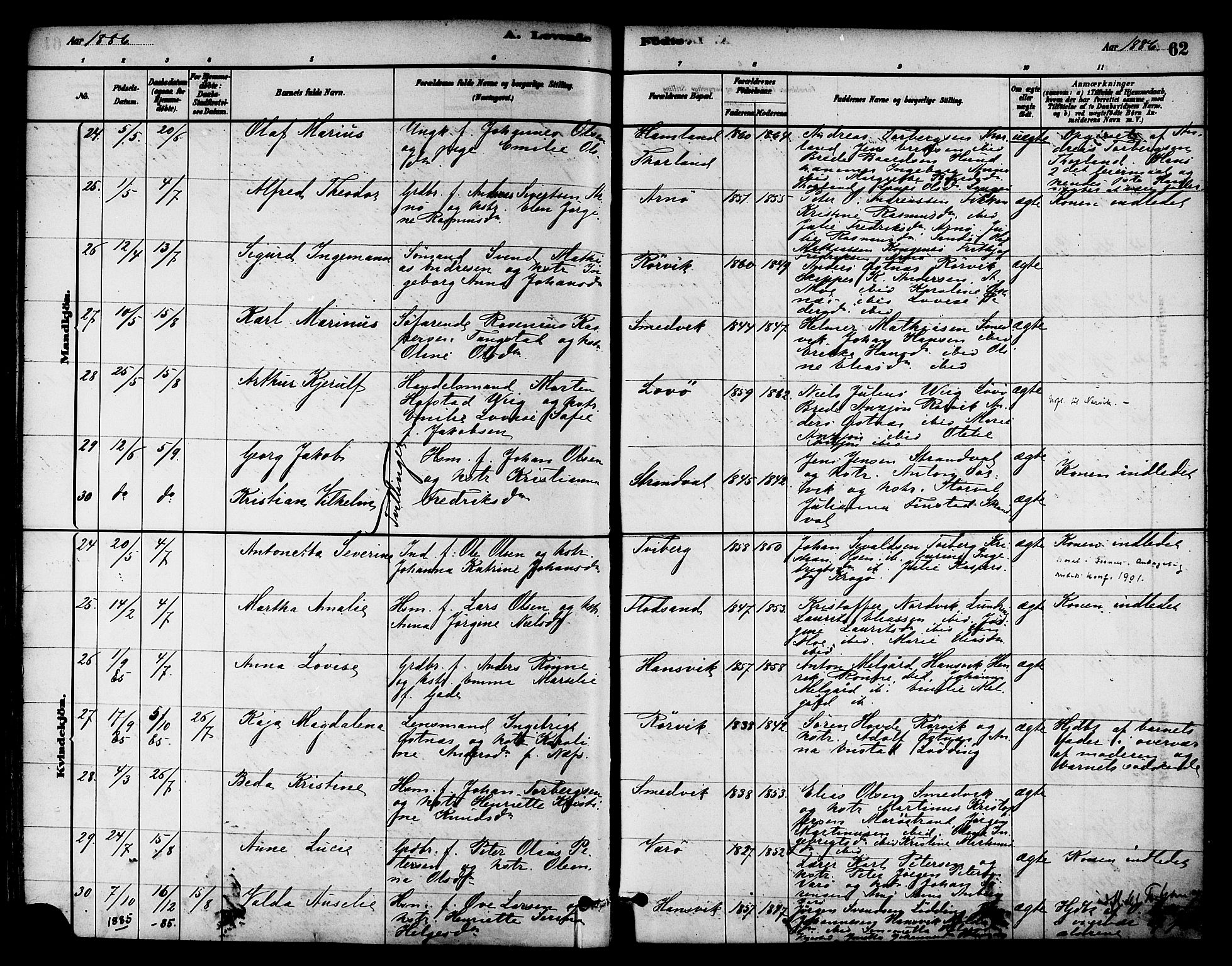 Ministerialprotokoller, klokkerbøker og fødselsregistre - Nord-Trøndelag, SAT/A-1458/784/L0672: Parish register (official) no. 784A07, 1880-1887, p. 62