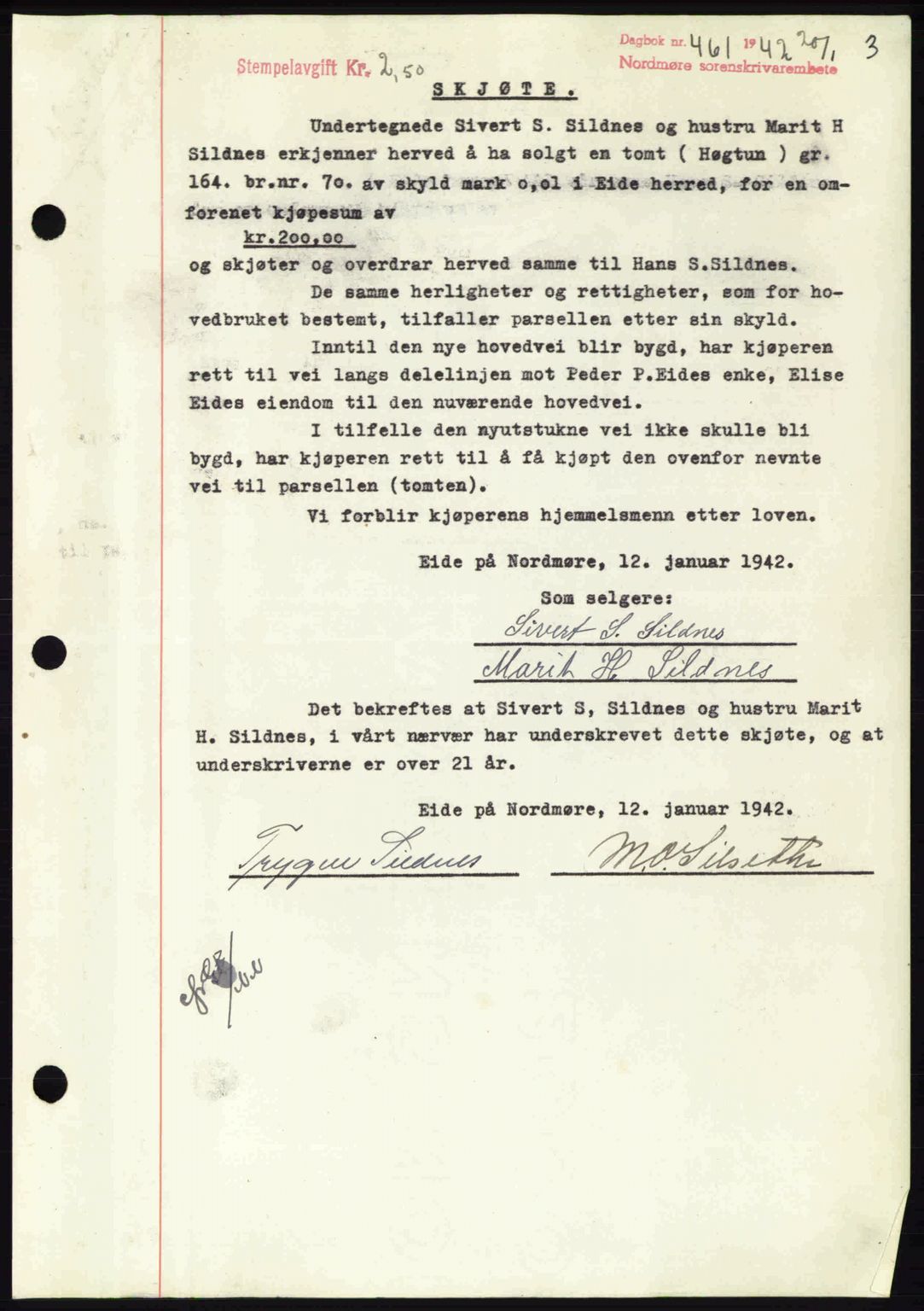 Nordmøre sorenskriveri, AV/SAT-A-4132/1/2/2Ca: Mortgage book no. A92, 1942-1942, Diary no: : 461/1942