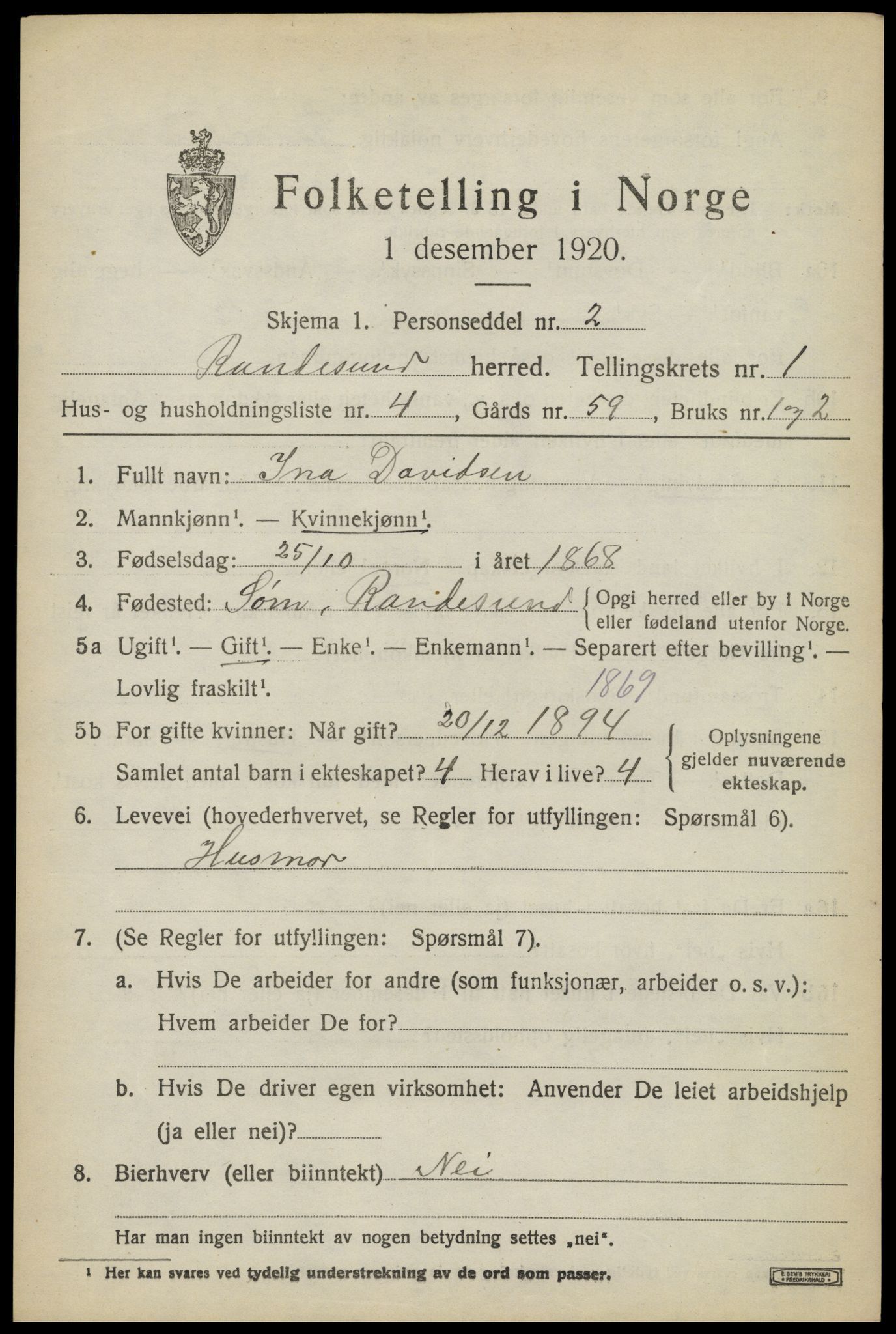 SAK, 1920 census for Randesund, 1920, p. 606