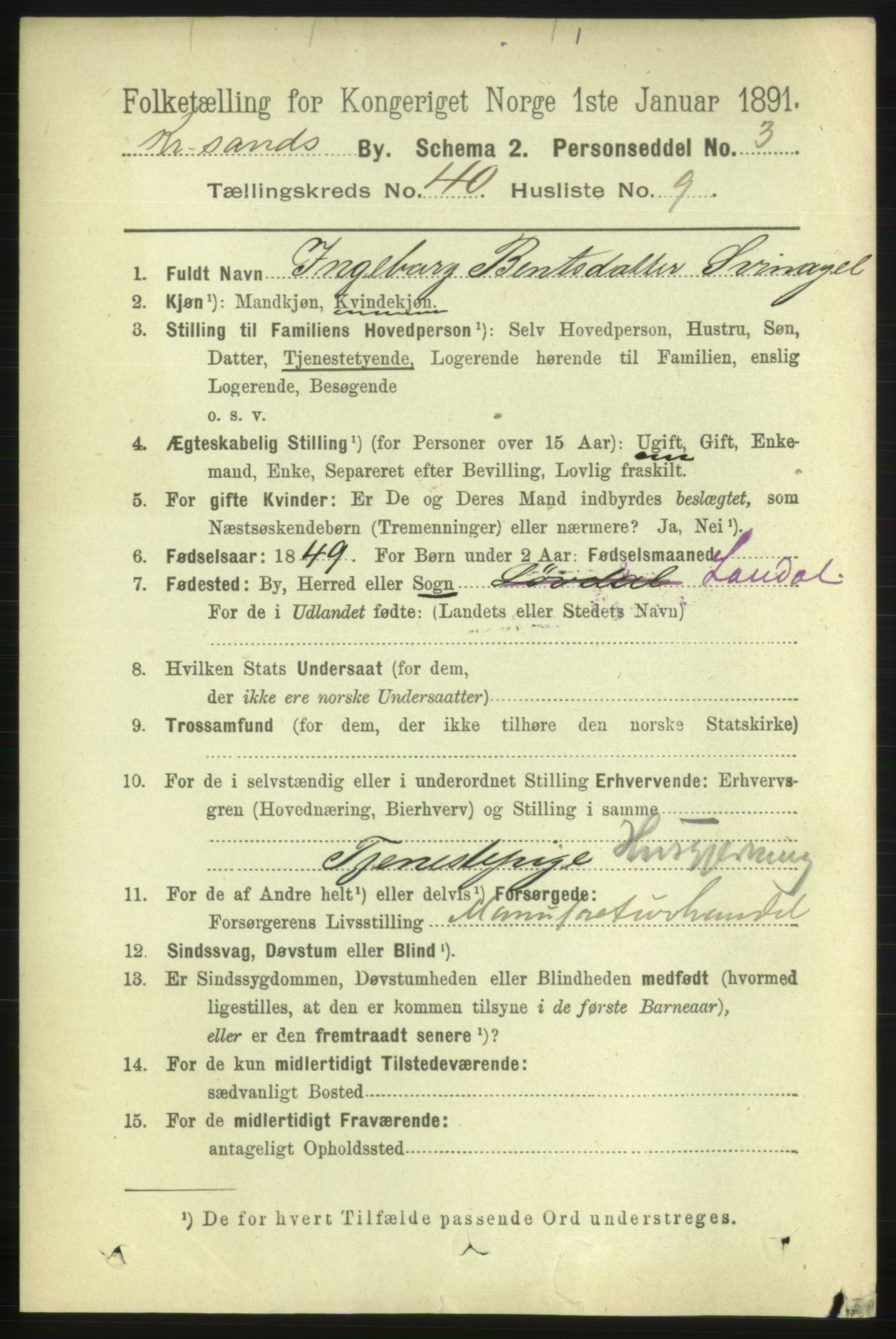 RA, 1891 census for 1001 Kristiansand, 1891, p. 12478