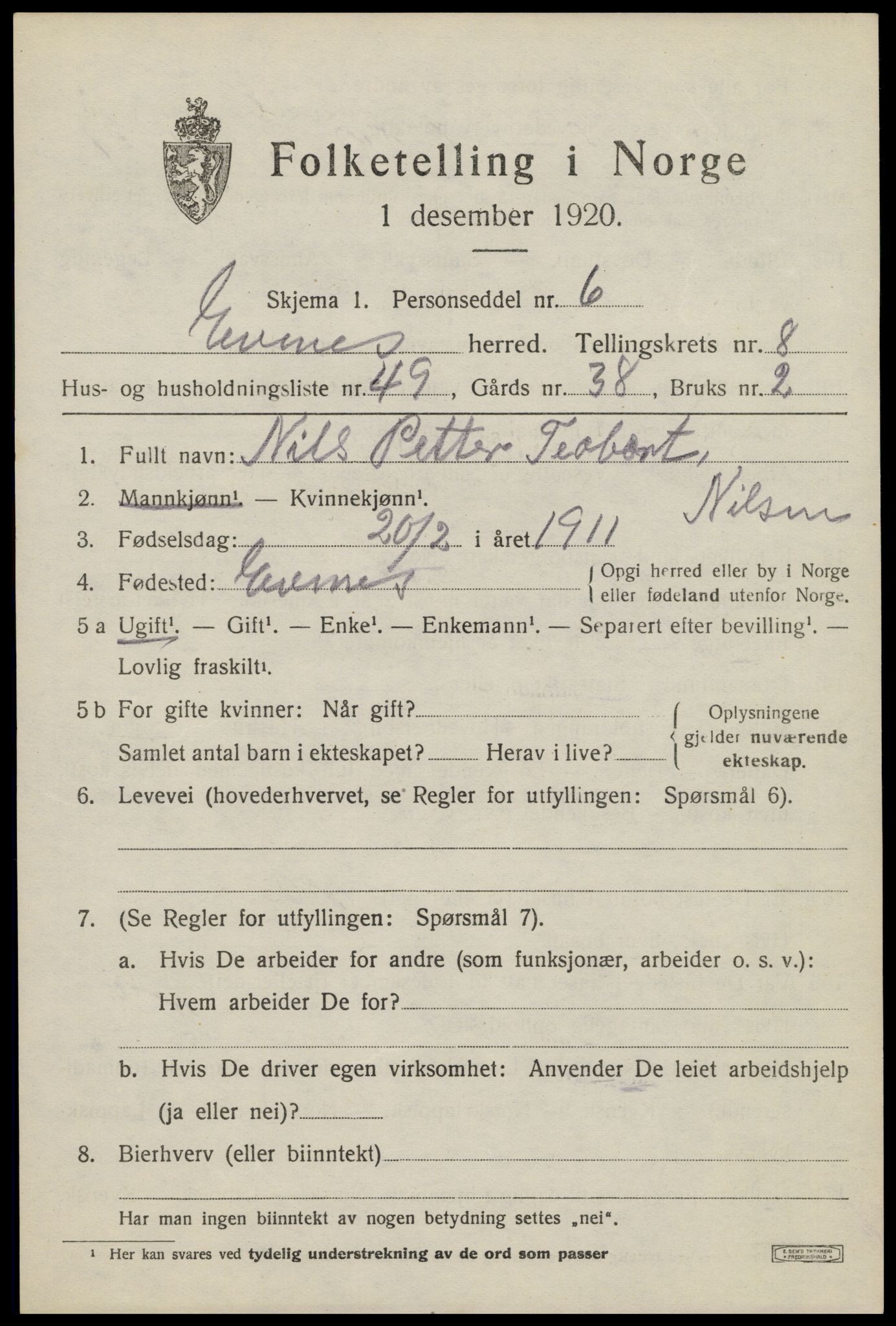 SAT, 1920 census for Evenes, 1920, p. 7032