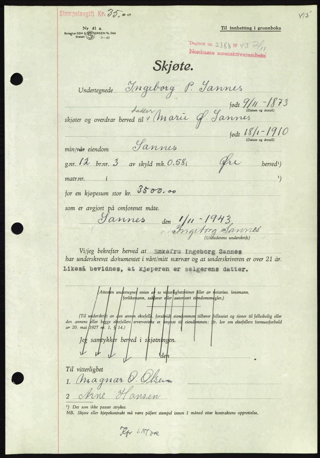 Nordmøre sorenskriveri, SAT/A-4132/1/2/2Ca: Mortgage book no. A96, 1943-1944, Diary no: : 2388/1943