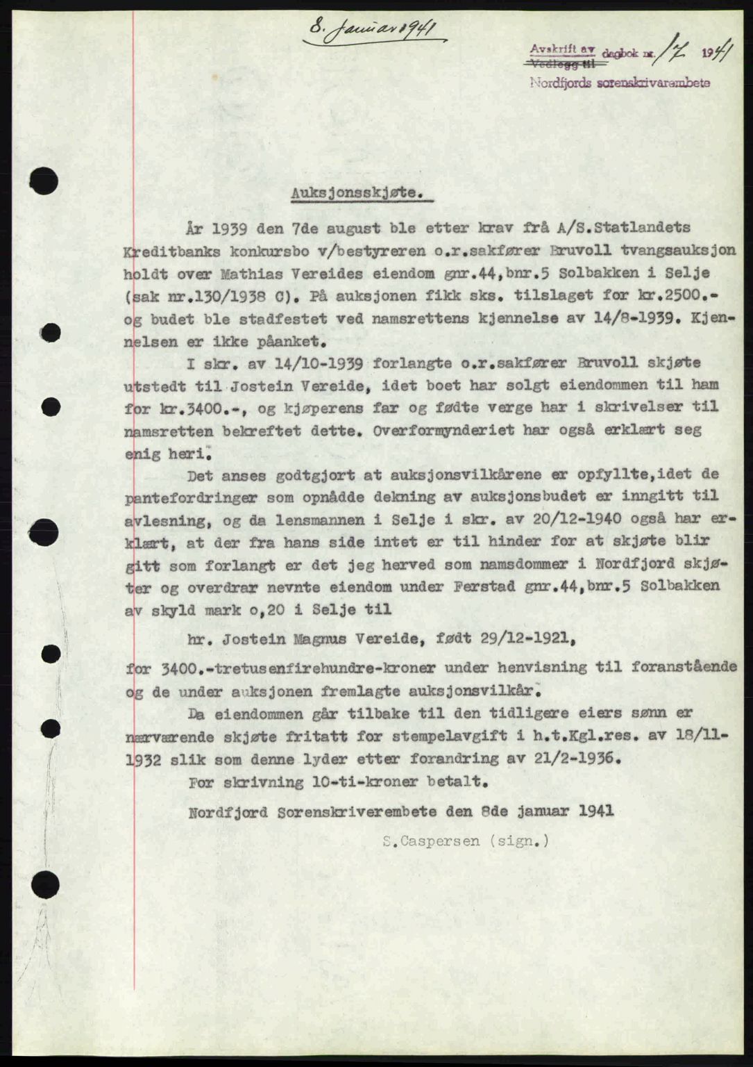 Nordfjord sorenskriveri, AV/SAB-A-2801/02/02b/02bj/L0006: Mortgage book no. A6, 1940-1941, Diary no: : 17/1941