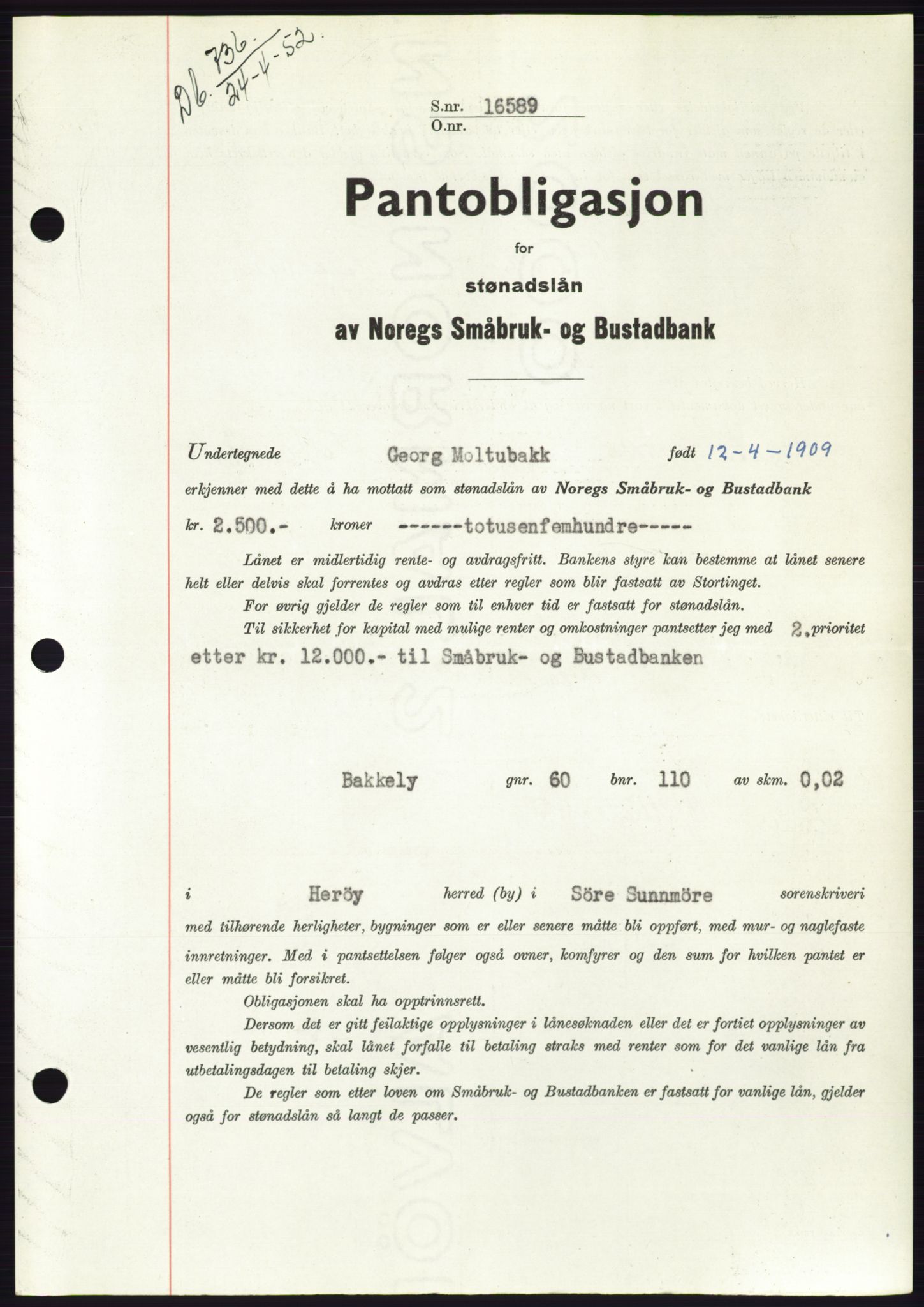 Søre Sunnmøre sorenskriveri, AV/SAT-A-4122/1/2/2C/L0121: Mortgage book no. 9B, 1951-1952, Diary no: : 736/1952