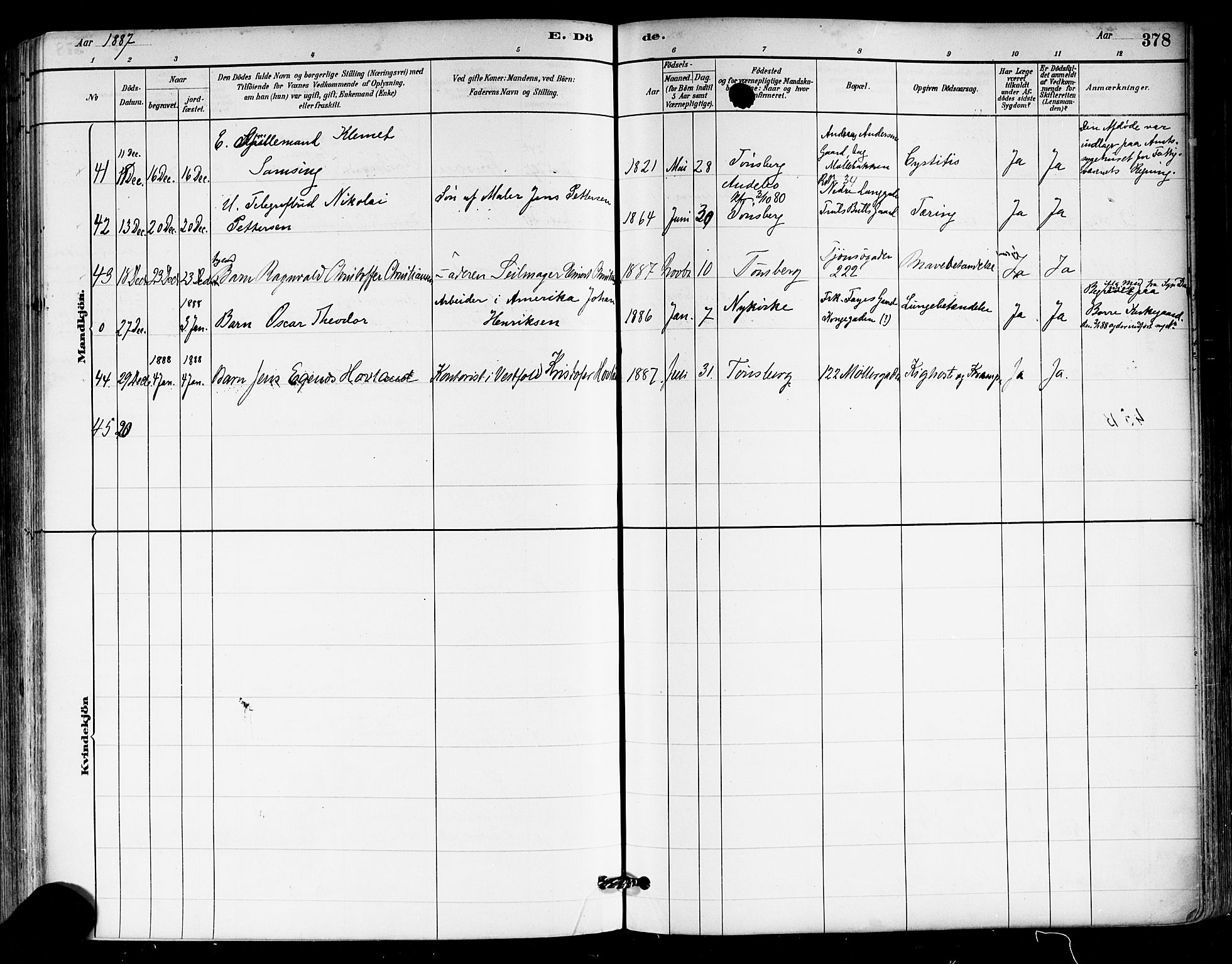 Tønsberg kirkebøker, AV/SAKO-A-330/F/Fa/L0011: Parish register (official) no. I 11, 1881-1890, p. 378