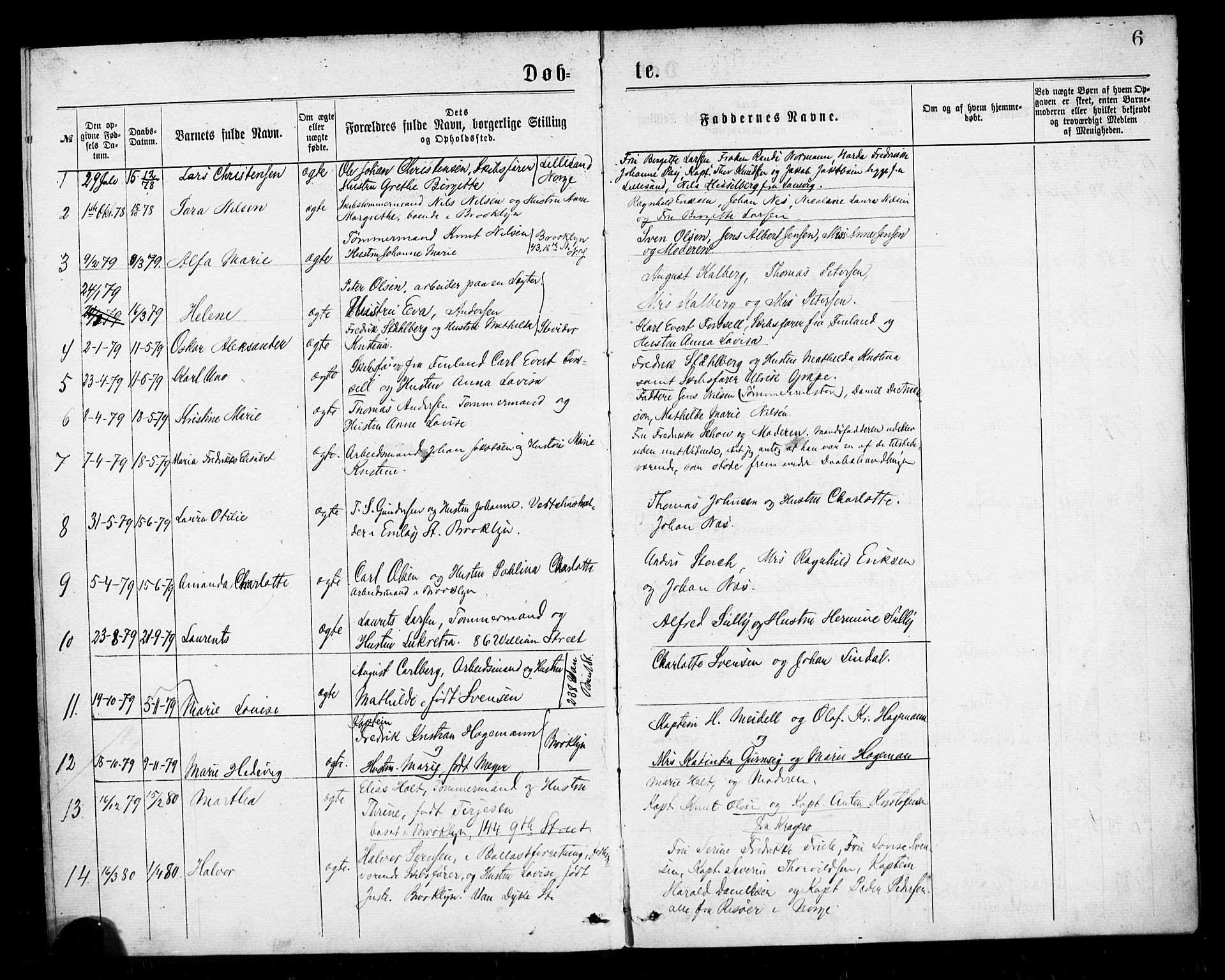 Den norske sjømannsmisjon i utlandet/New York, SAB/SAB/PA-0110/H/Ha/L0001: Parish register (official) no. A 1, 1878-1885, p. 6