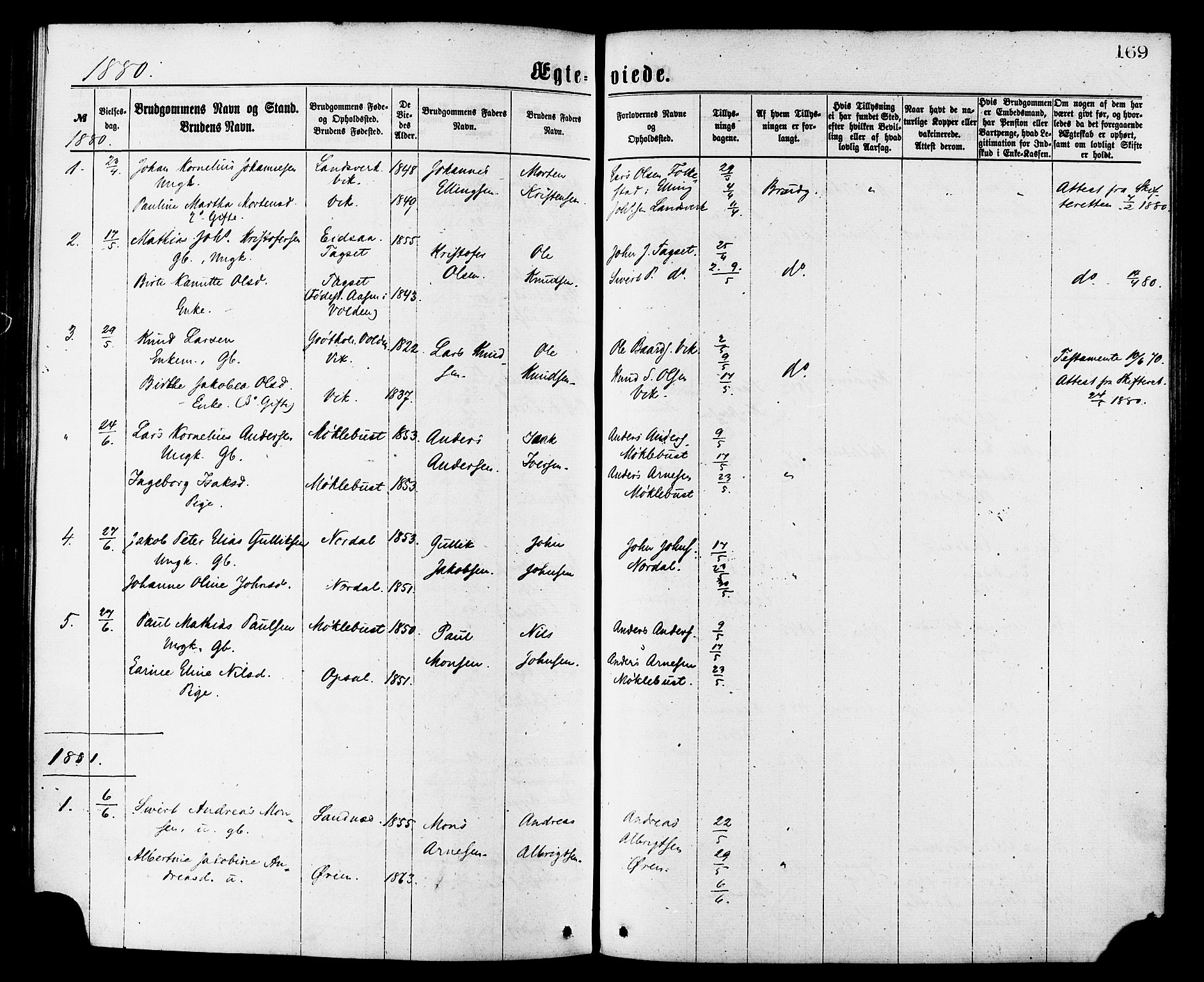 Ministerialprotokoller, klokkerbøker og fødselsregistre - Møre og Romsdal, AV/SAT-A-1454/502/L0024: Parish register (official) no. 502A02, 1873-1884, p. 169