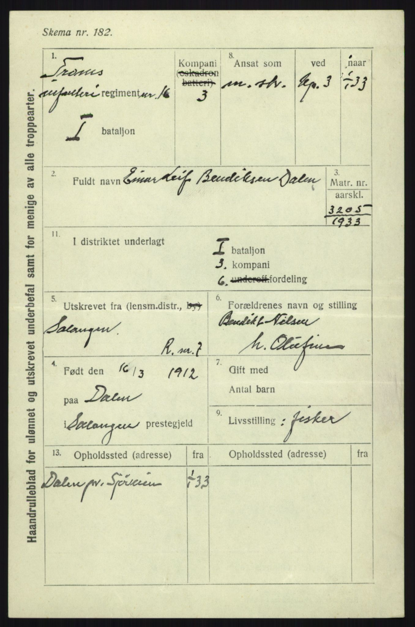 Forsvaret, Troms infanteriregiment nr. 16, AV/RA-RAFA-3146/P/Pa/L0017: Rulleblad for regimentets menige mannskaper, årsklasse 1933, 1933, p. 199