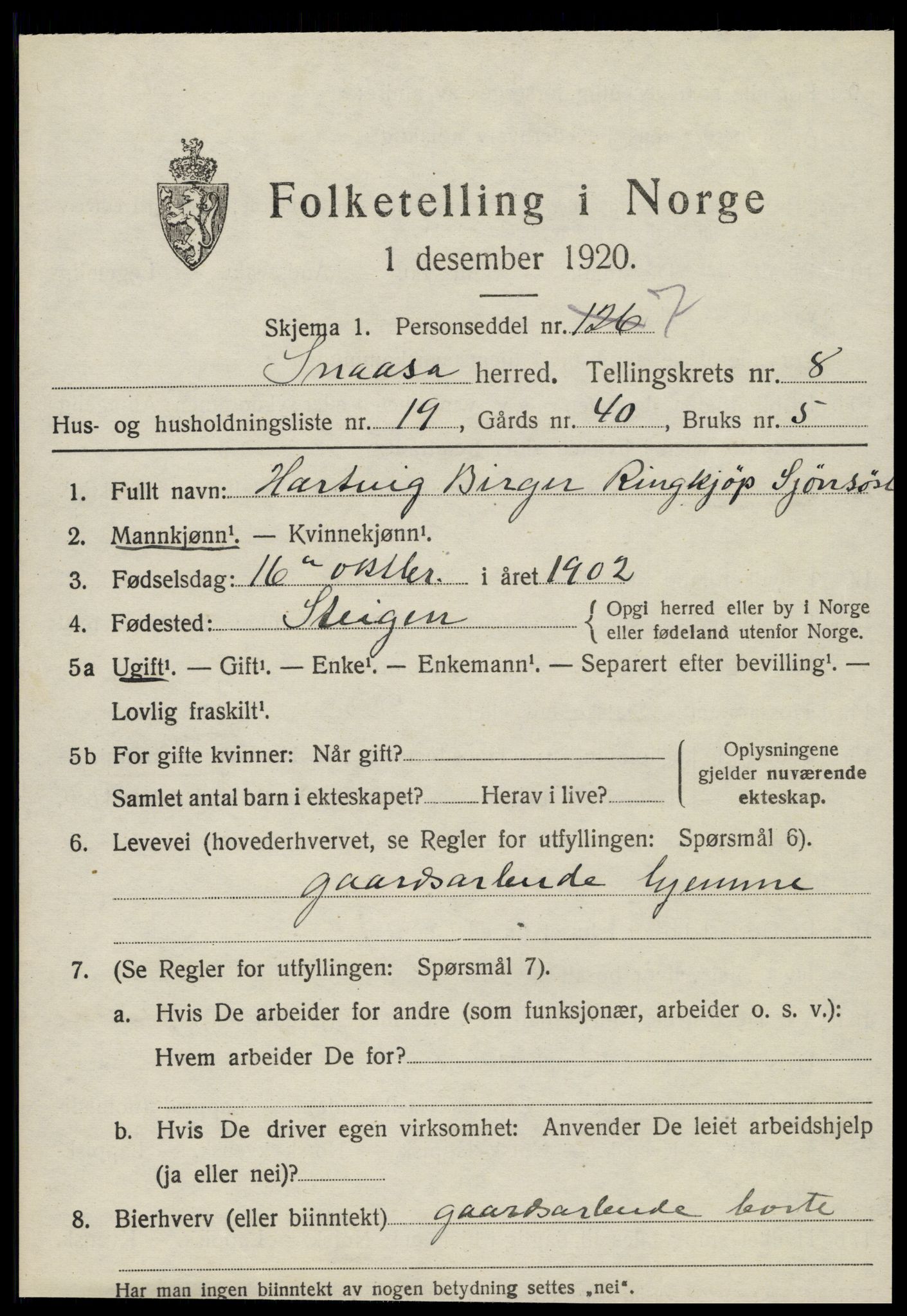 SAT, 1920 census for Snåsa, 1920, p. 3420