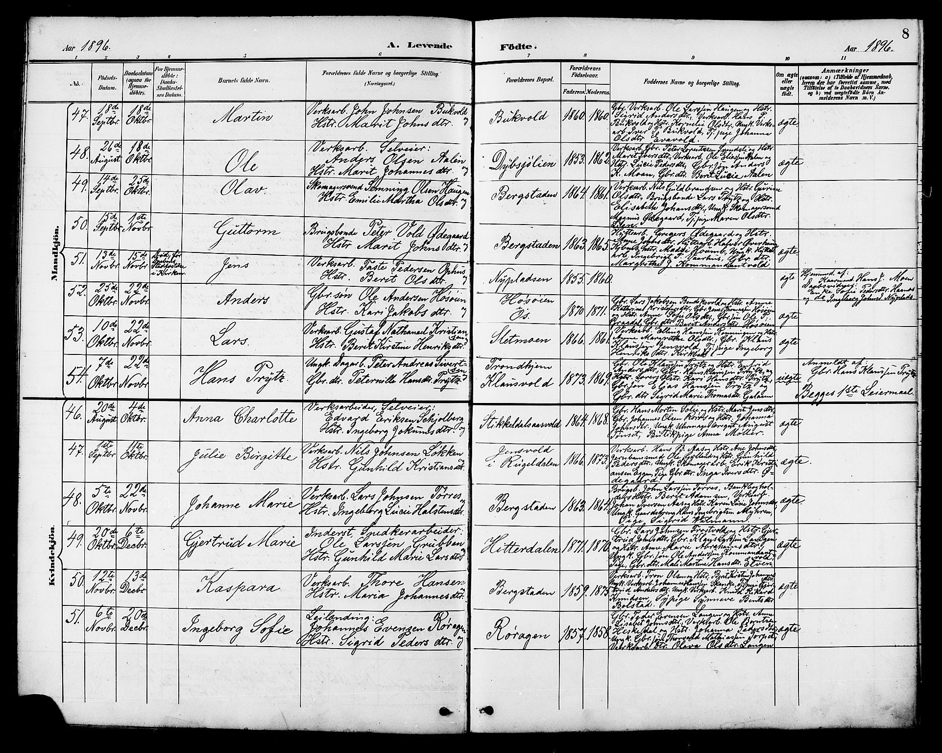 Ministerialprotokoller, klokkerbøker og fødselsregistre - Sør-Trøndelag, SAT/A-1456/681/L0941: Parish register (copy) no. 681C05, 1896-1905, p. 8