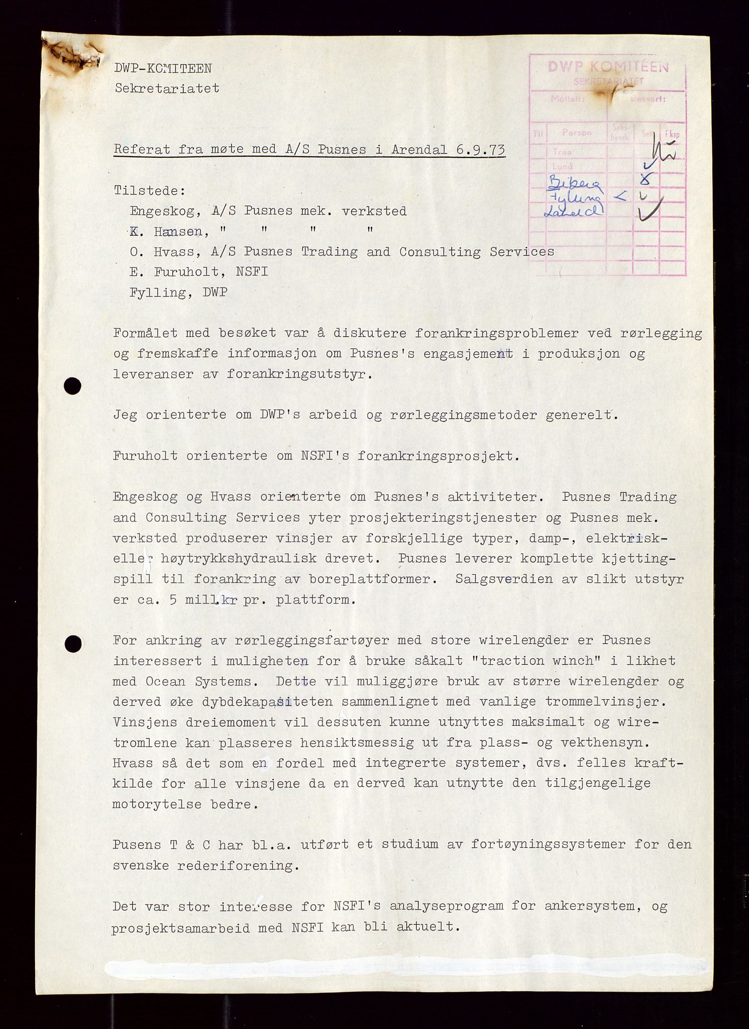 Industridepartementet, Oljekontoret, AV/SAST-A-101348/Di/L0001: DWP, møter juni - november, komiteemøter nr. 19 - 26, 1973-1974, p. 249