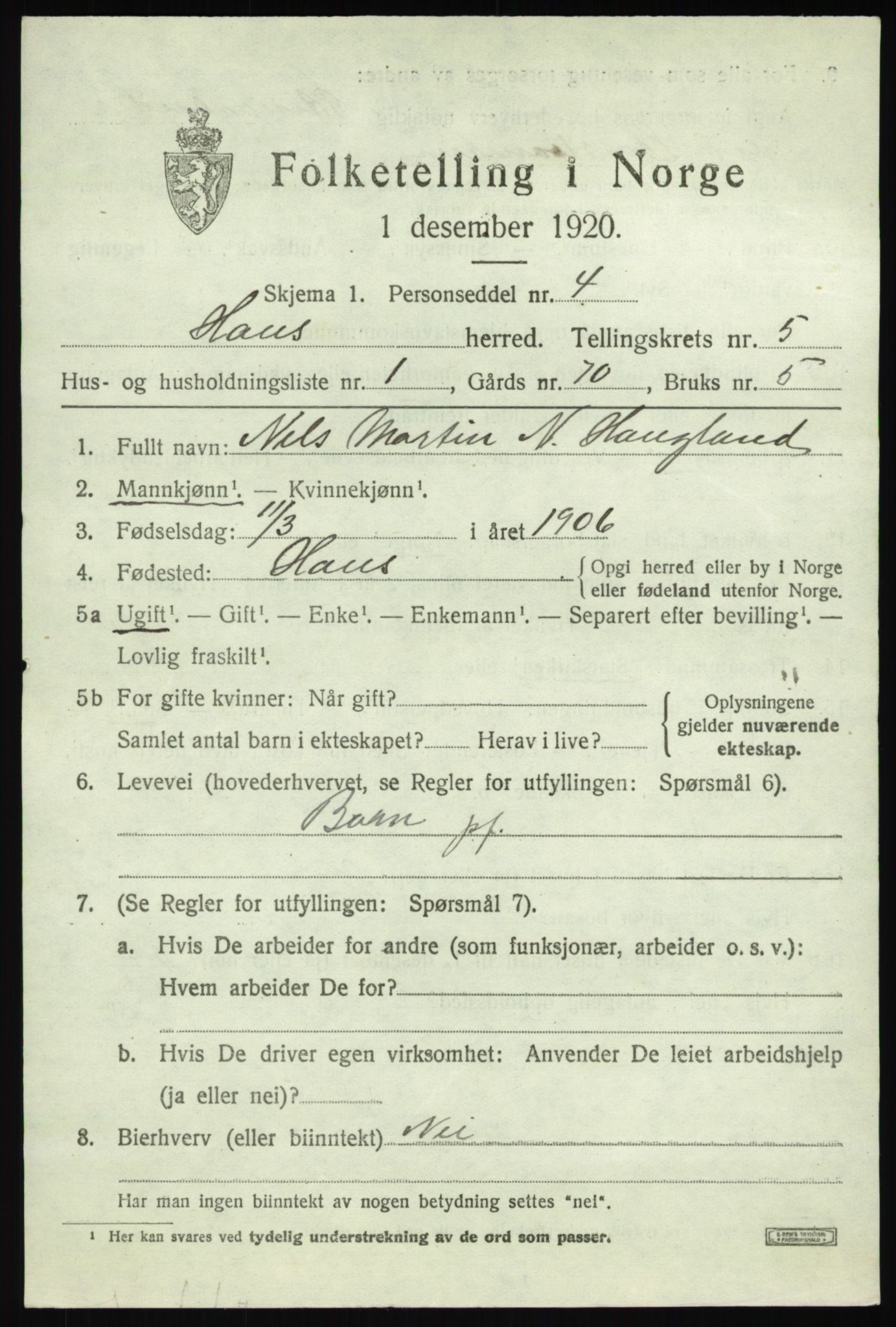 SAB, 1920 census for Haus, 1920, p. 3285