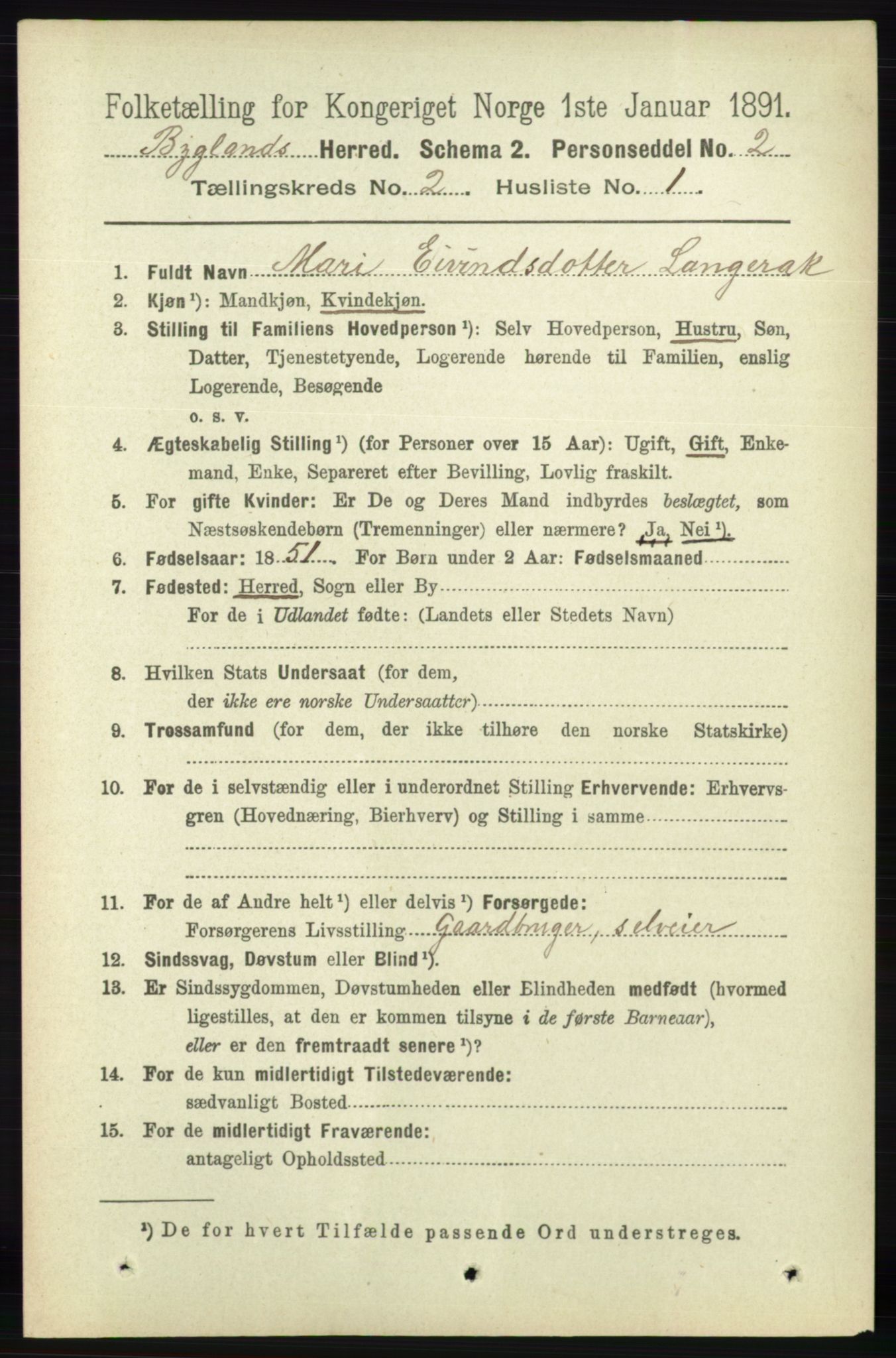 RA, 1891 census for 0938 Bygland, 1891, p. 256