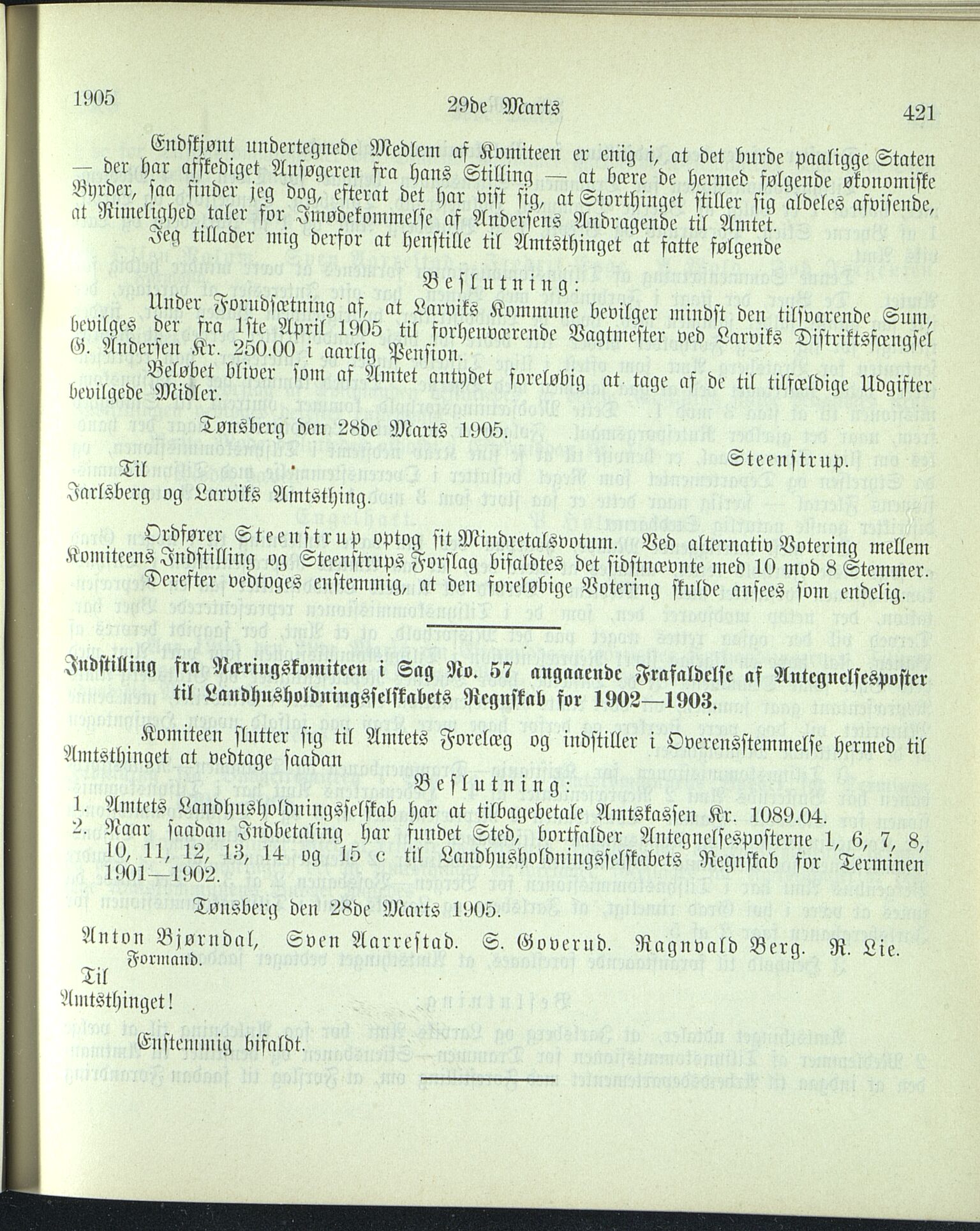 Vestfold fylkeskommune. Fylkestinget, VEMU/A-1315/A/Ab/Abb/L0052: Fylkestingsforhandlinger, 1905, p. 421