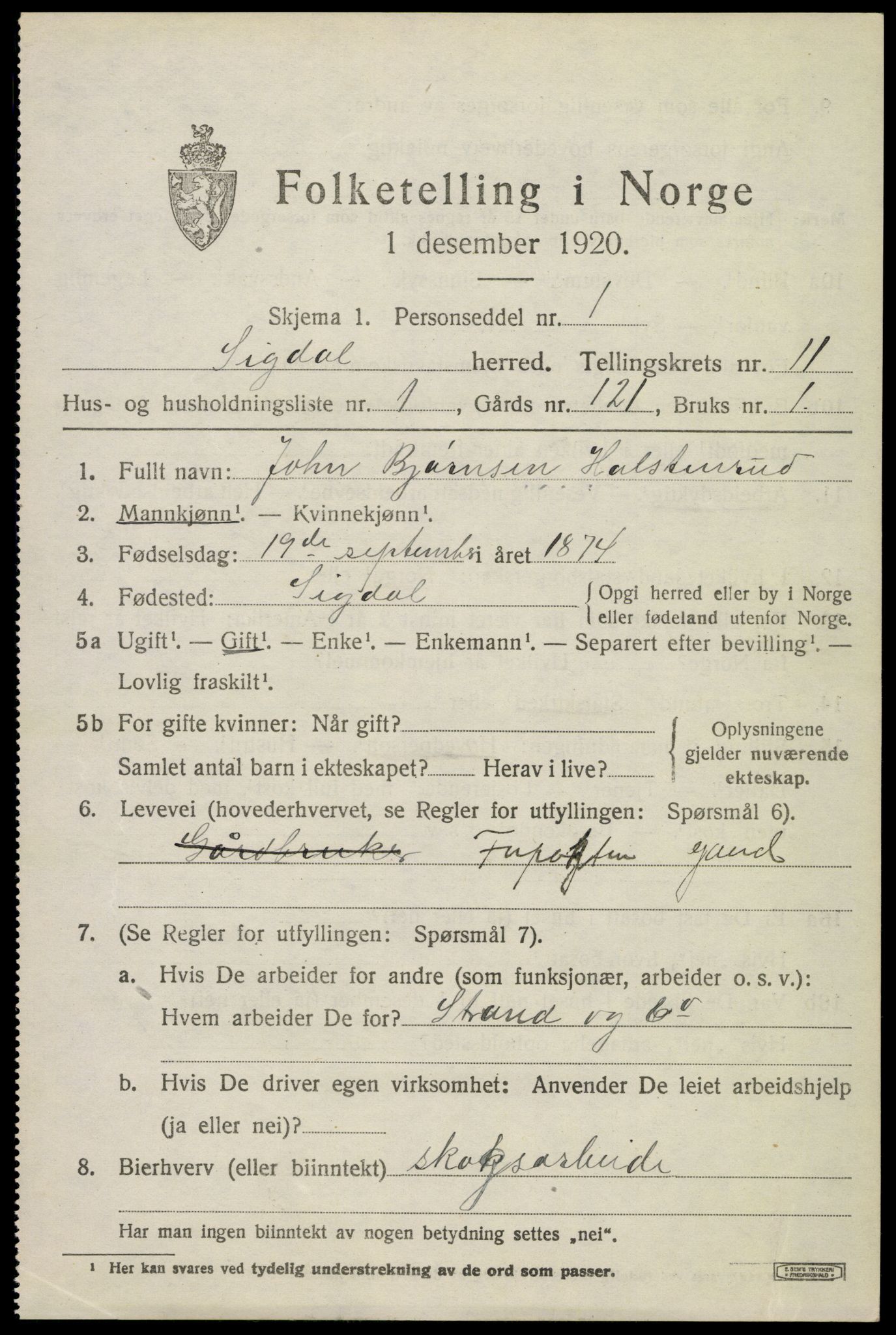 SAKO, 1920 census for Sigdal, 1920, p. 7584