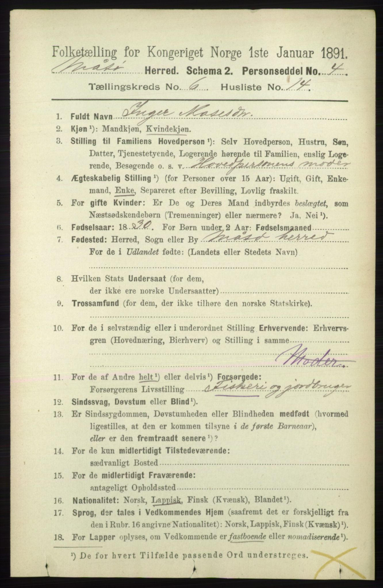 RA, 1891 census for 2018 Måsøy, 1891, p. 1210