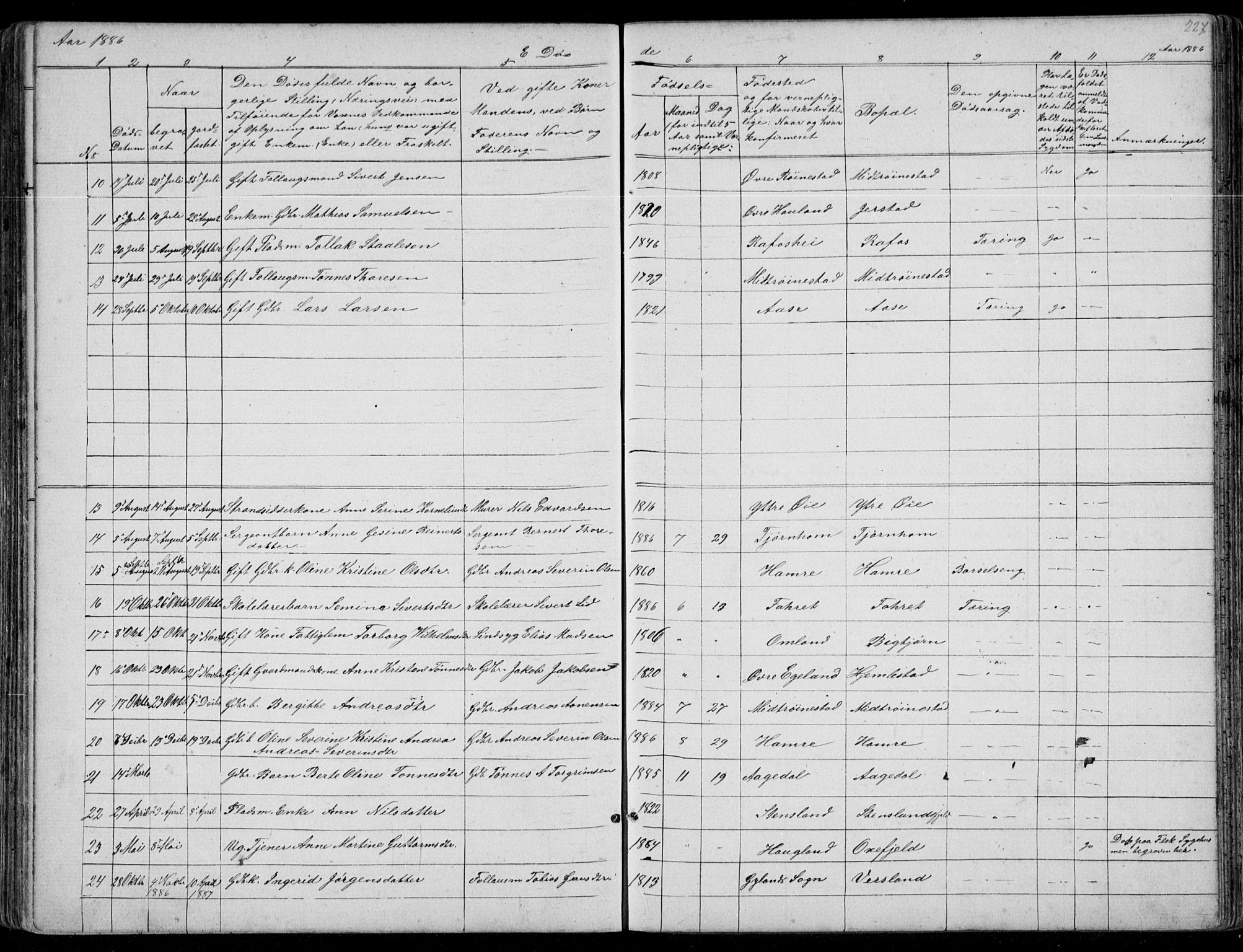 Kvinesdal sokneprestkontor, AV/SAK-1111-0026/F/Fb/Fbb/L0002: Parish register (copy) no. B 2, 1873-1897, p. 227