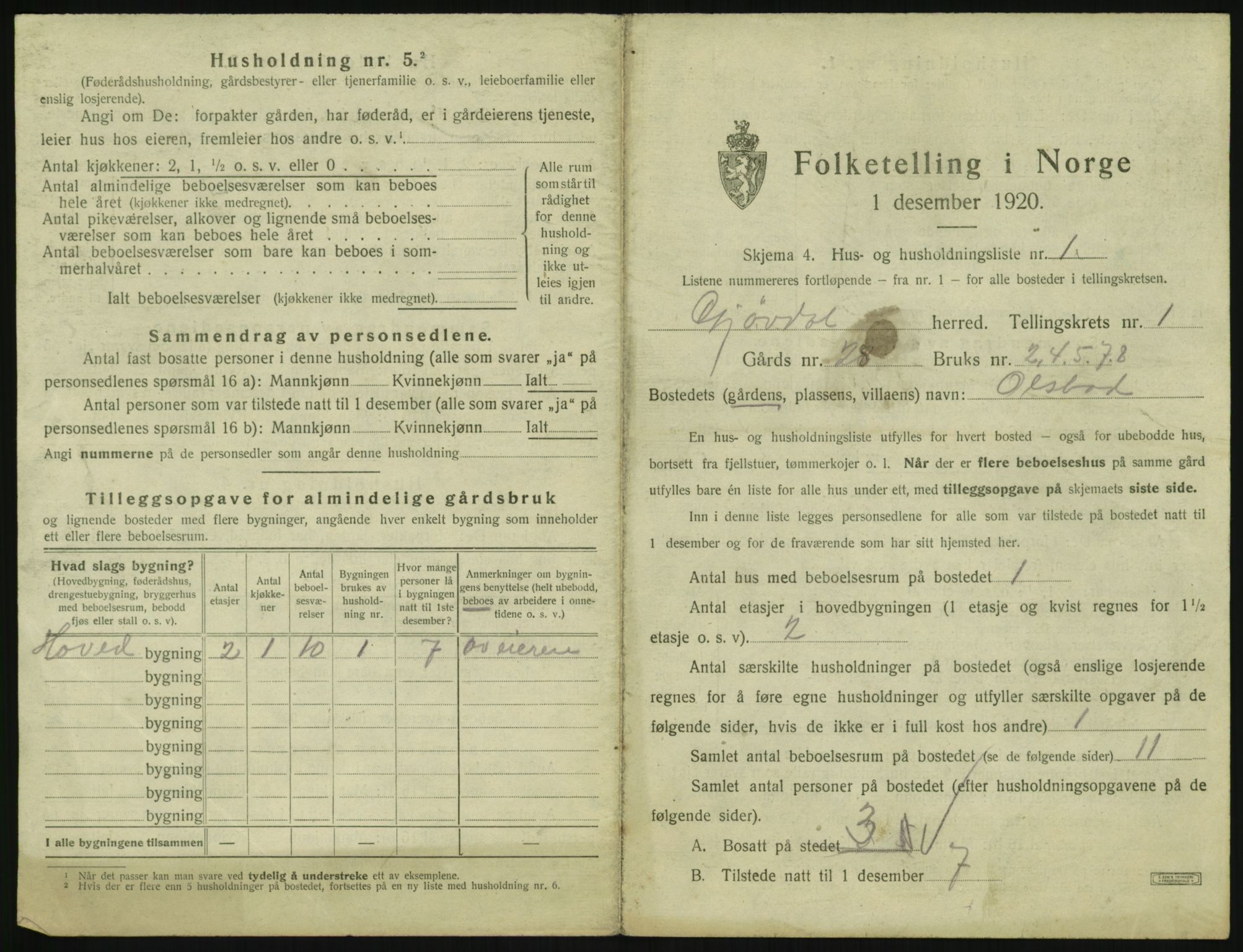 SAK, 1920 census for Gjøvdal, 1920, p. 22