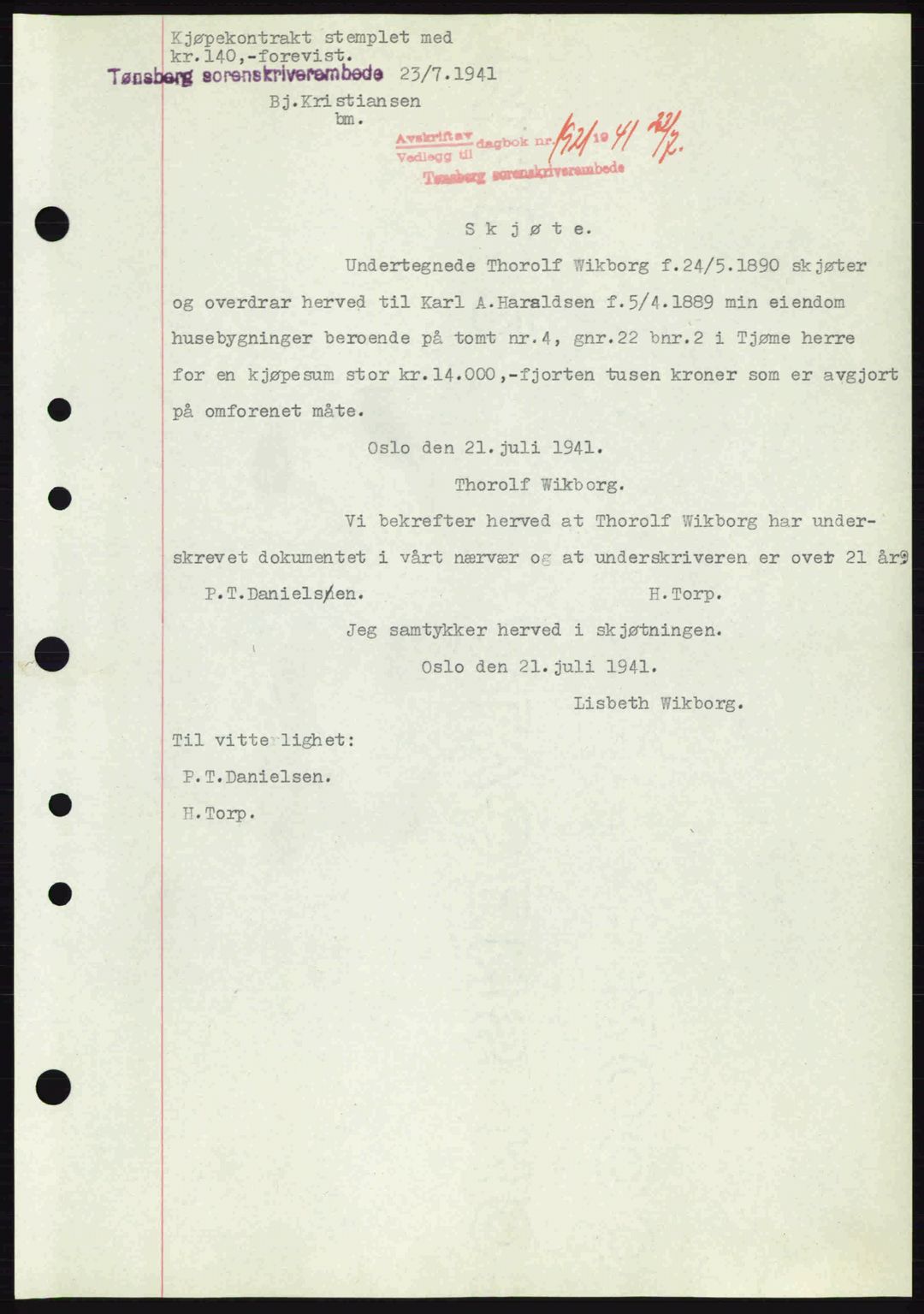 Tønsberg sorenskriveri, AV/SAKO-A-130/G/Ga/Gaa/L0010: Mortgage book no. A10, 1941-1941, Diary no: : 1921/1941