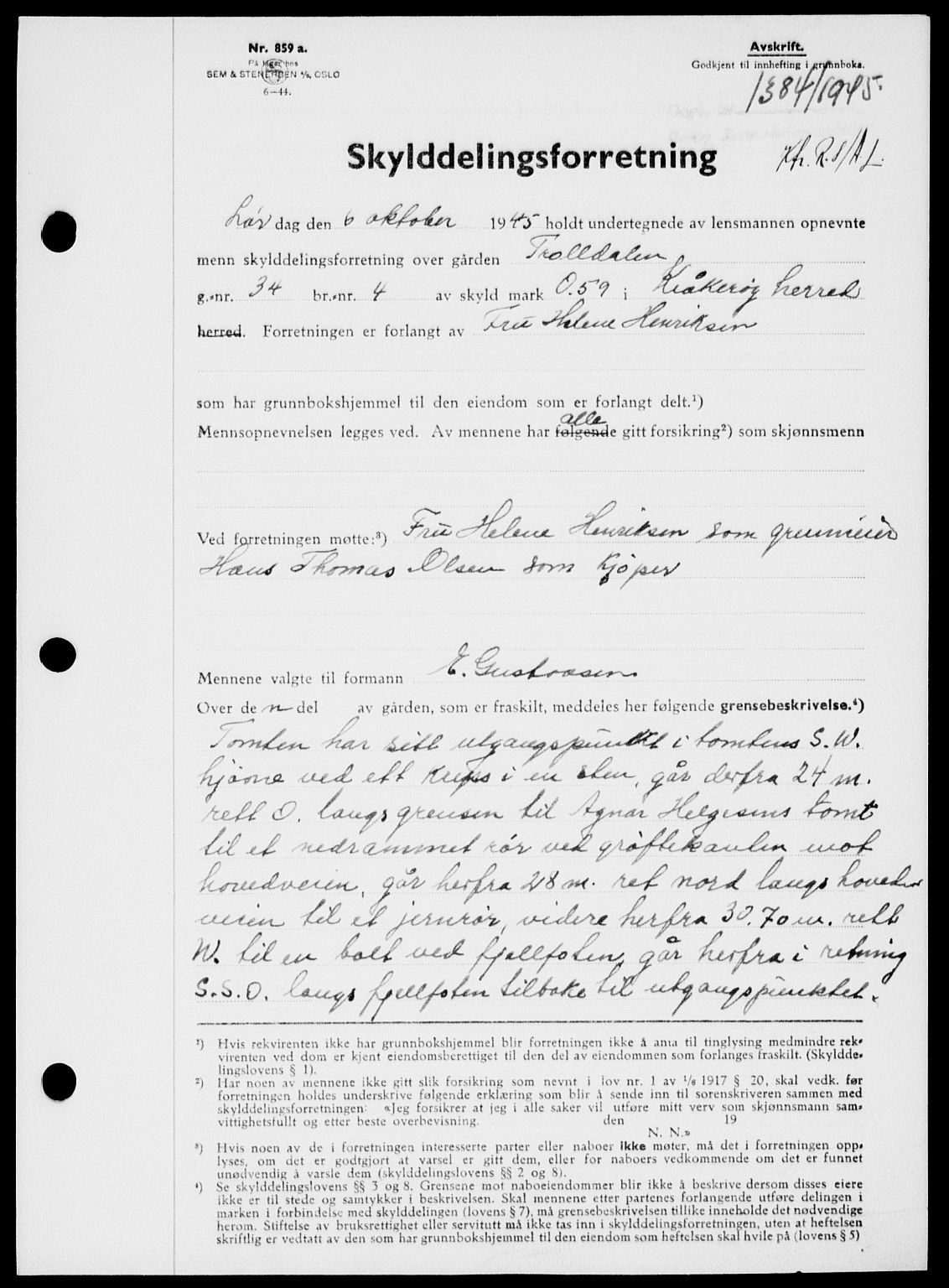 Onsøy sorenskriveri, SAO/A-10474/G/Ga/Gab/L0015: Mortgage book no. II A-15, 1945-1946, Diary no: : 1384/1945