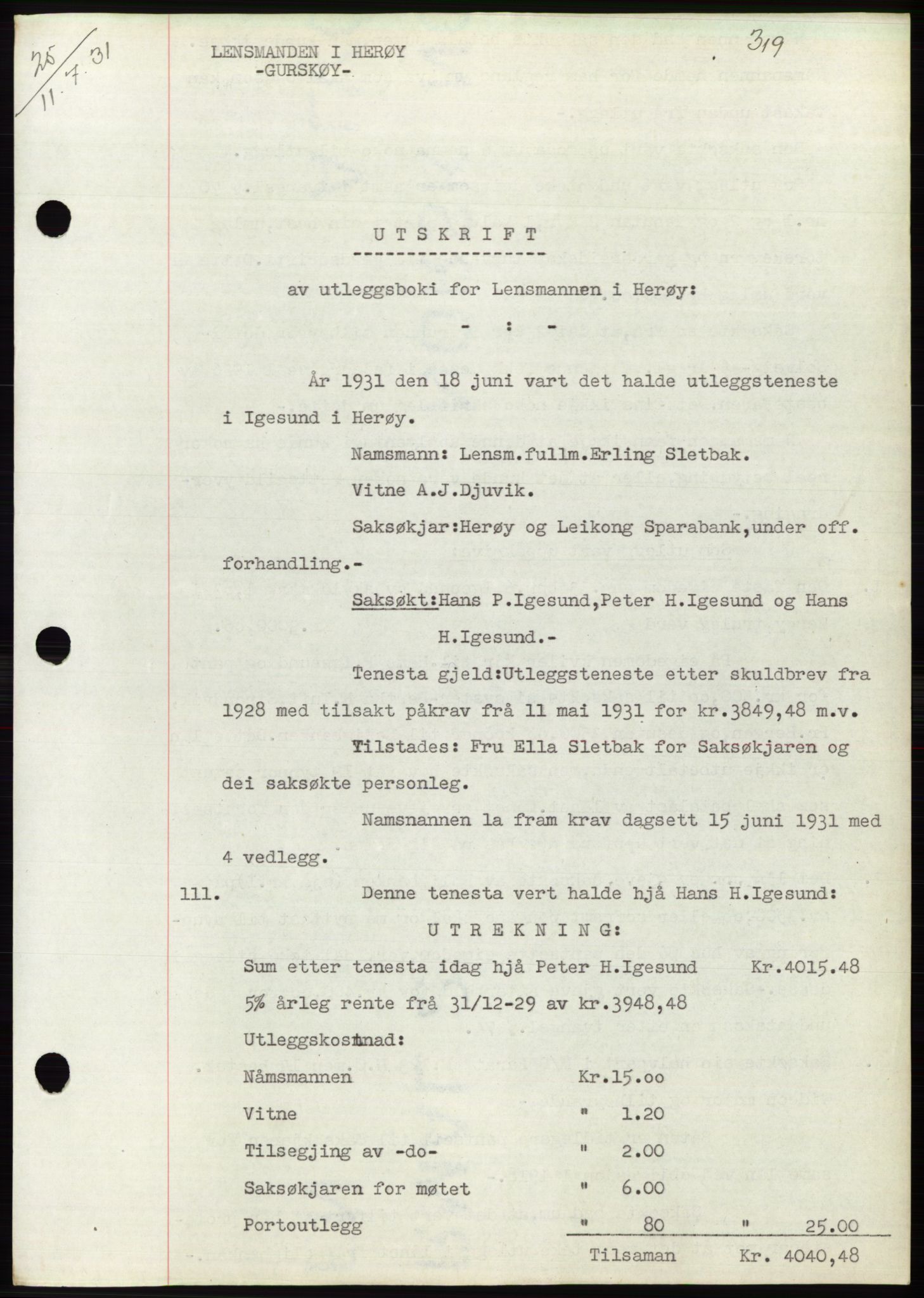 Søre Sunnmøre sorenskriveri, AV/SAT-A-4122/1/2/2C/L0052: Mortgage book no. 46, 1931-1931, Deed date: 11.07.1931