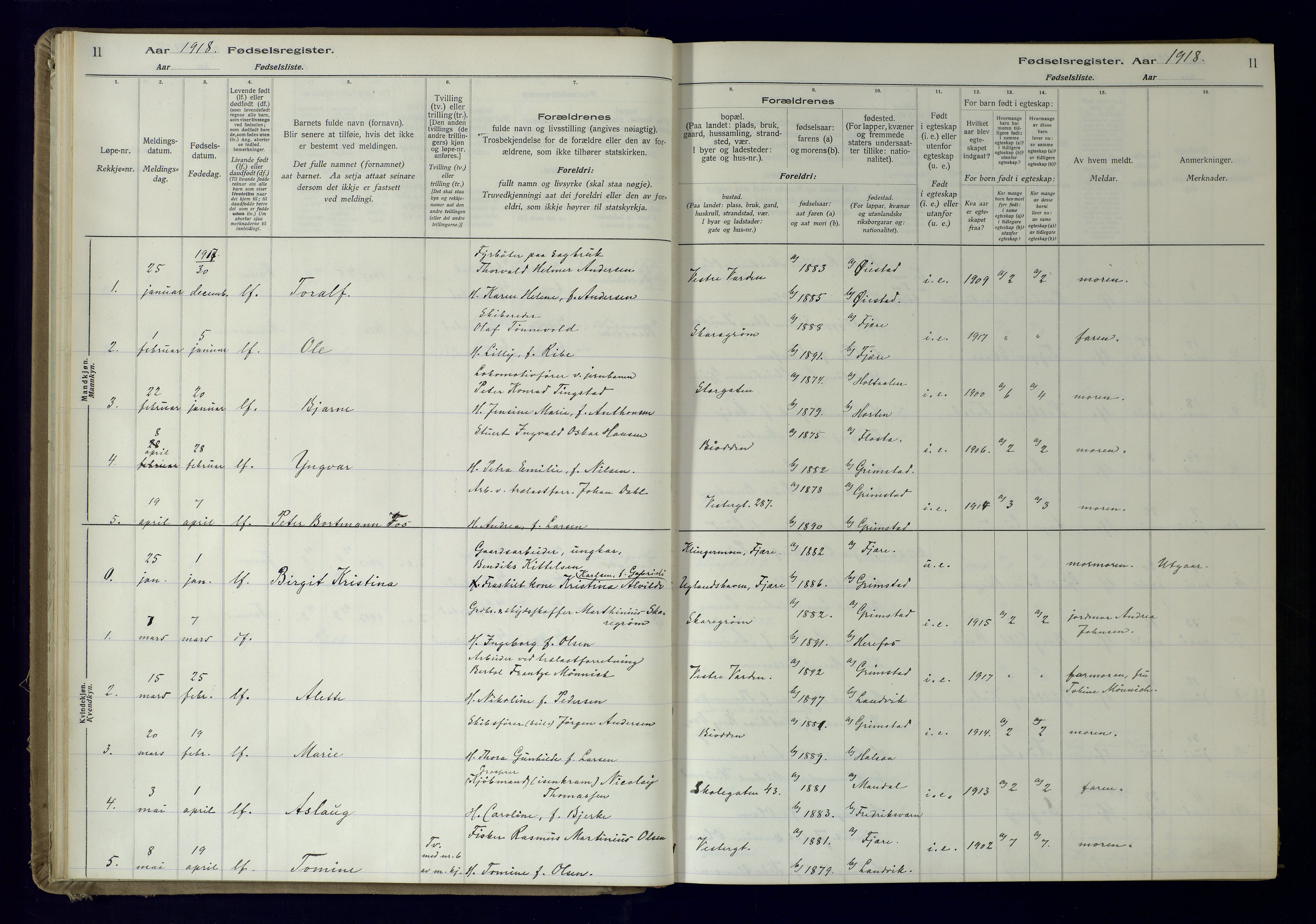 Grimstad sokneprestkontor, AV/SAK-1111-0017/J/Ja/L0001: Birth register no. 1, 1916-1960, p. 11