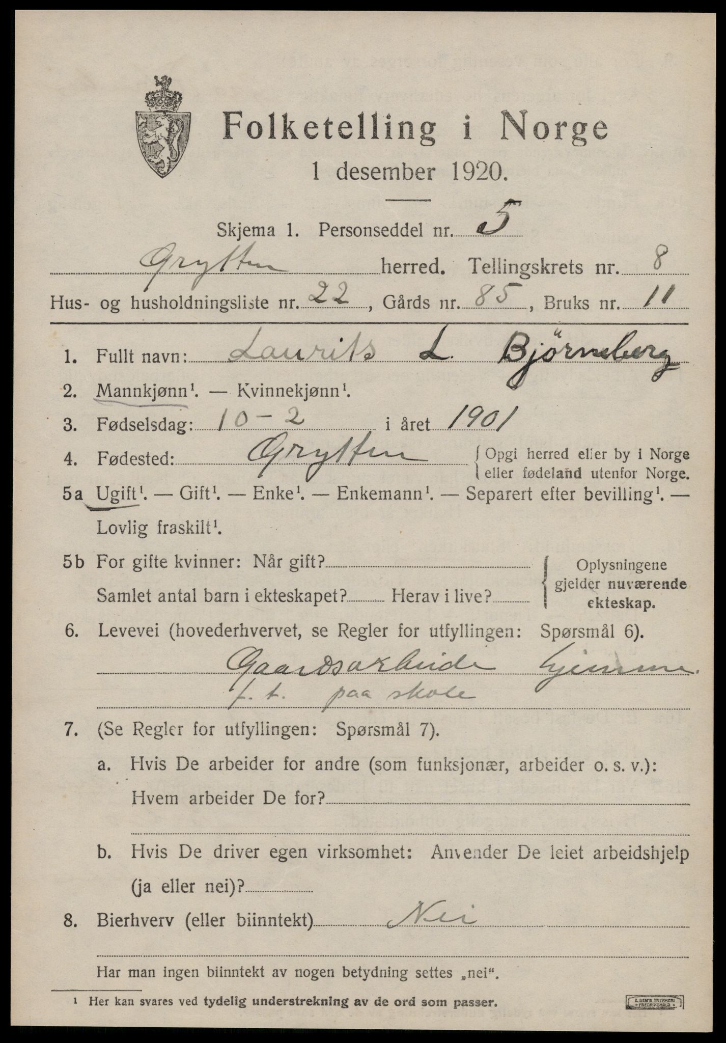 SAT, 1920 census for Grytten, 1920, p. 6194