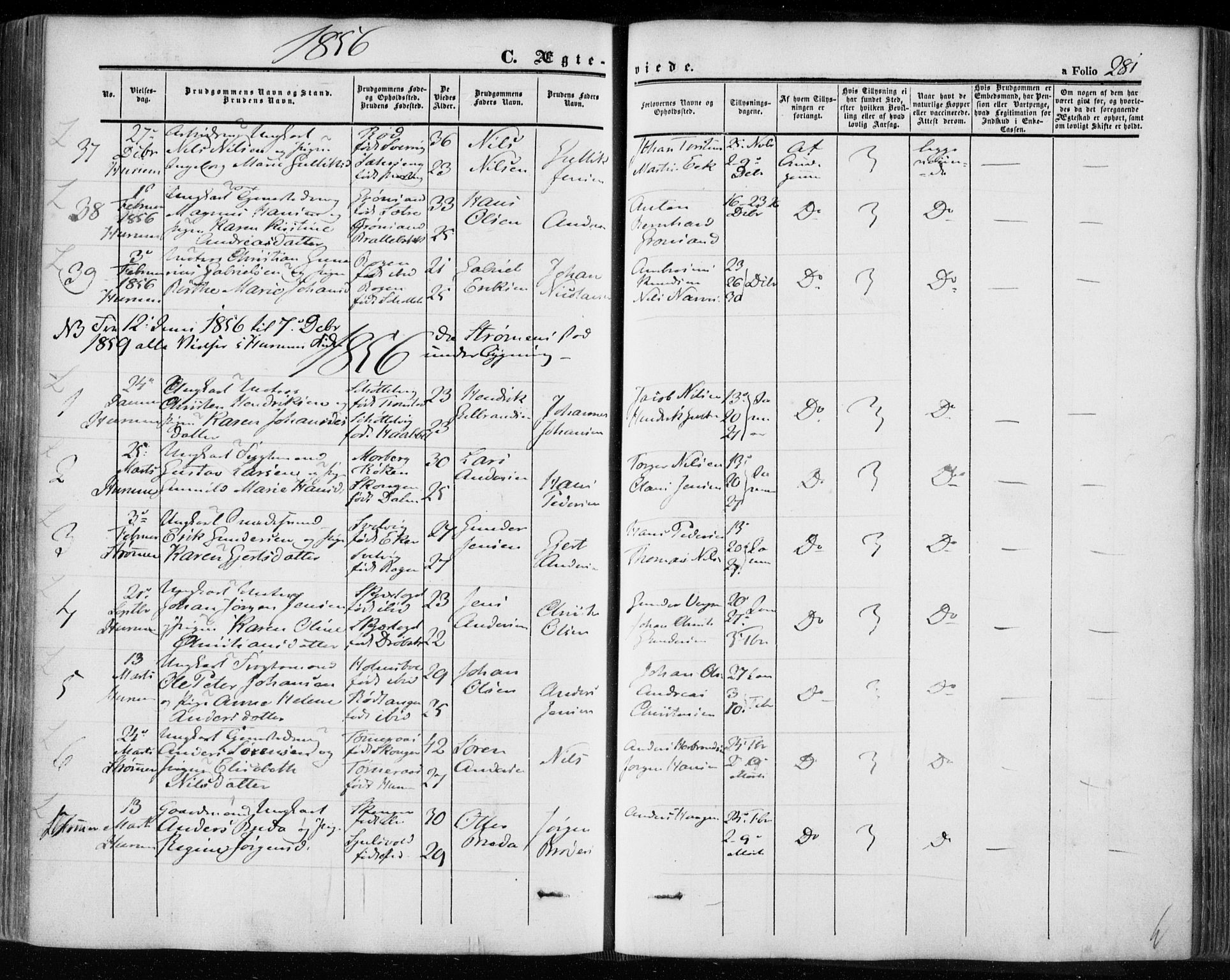 Hurum kirkebøker, SAKO/A-229/F/Fa/L0011: Parish register (official) no. 11, 1847-1860, p. 281