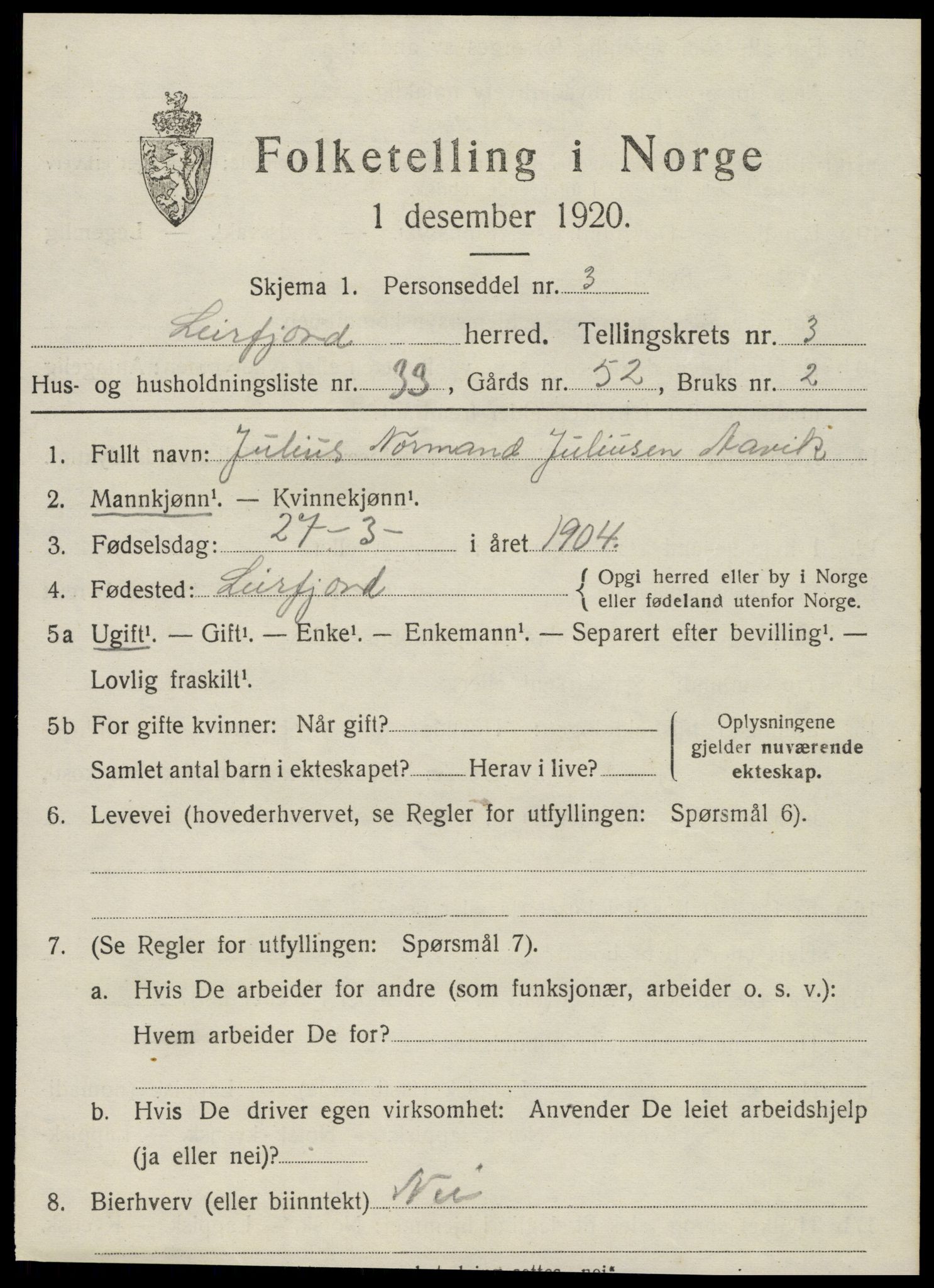 SAT, 1920 census for Leirfjord, 1920, p. 2501