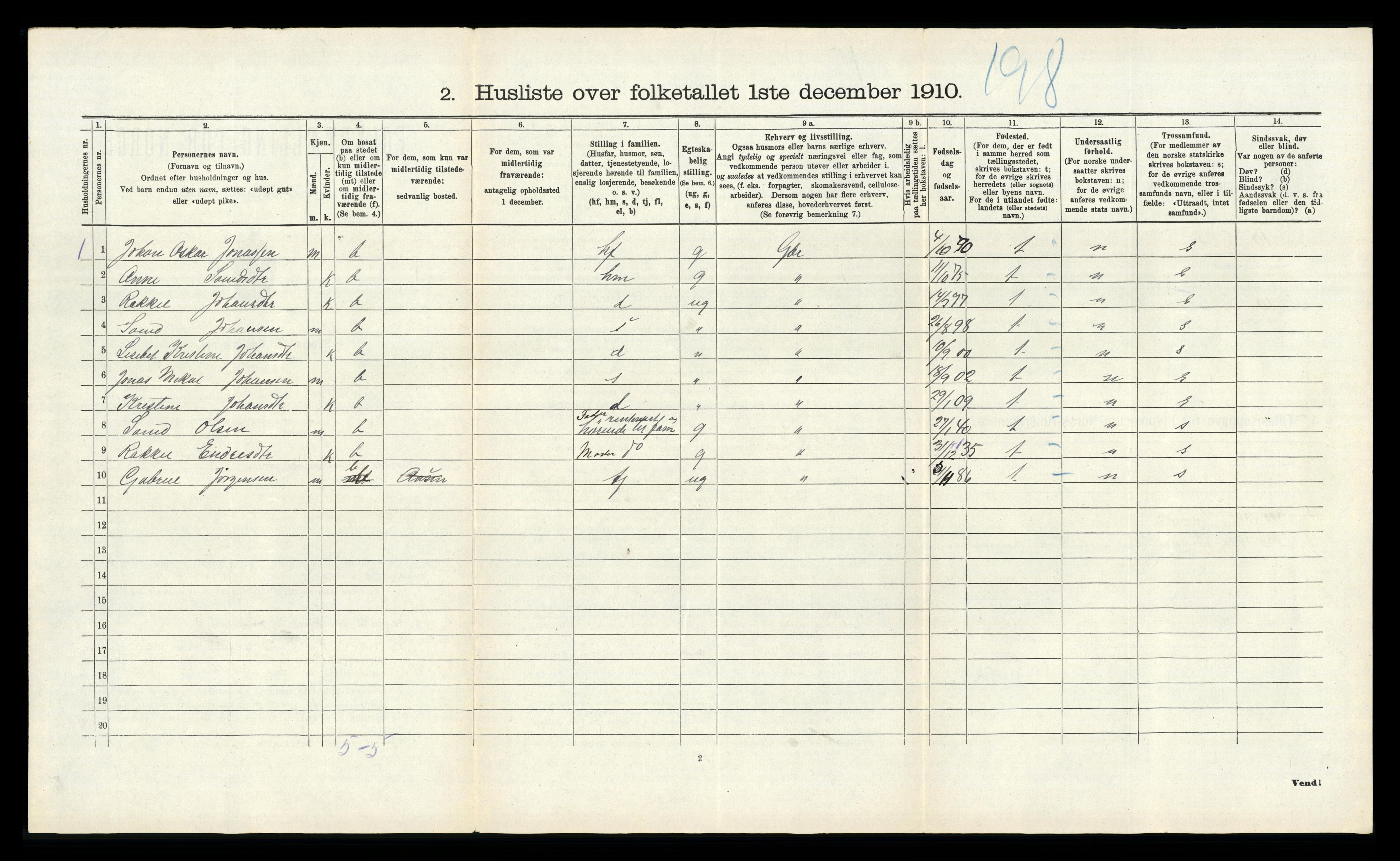 RA, 1910 census for Heskestad, 1910, p. 85