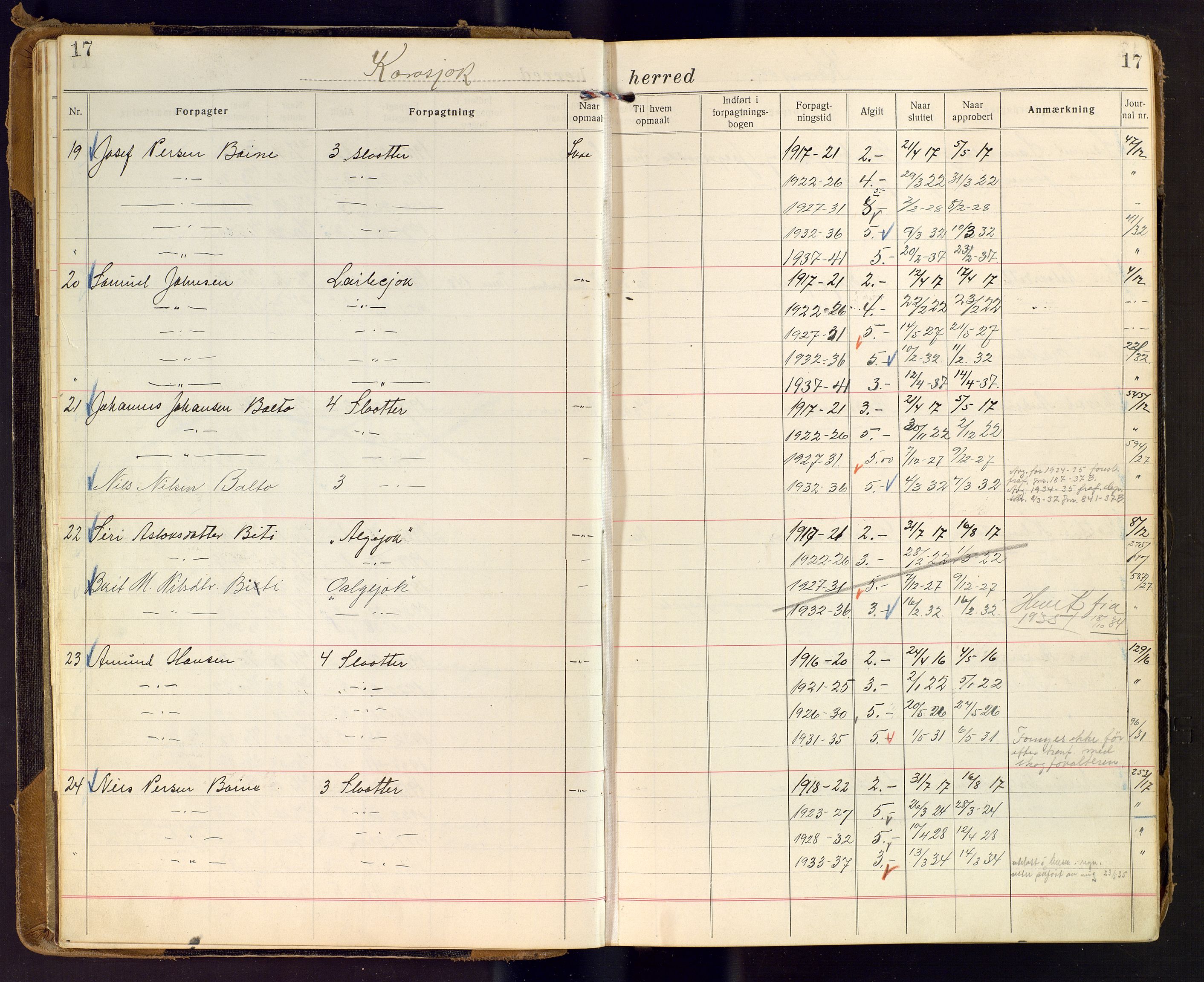 Finnmark jordsalgskommisjon/jordsalgskontor og Statskog SF Finnmark jordsalgskontor, AV/SATØ-S-1443/J/Ja/L0006: Forpaktningsbok for Finnmark II, 1916-1947, p. 17