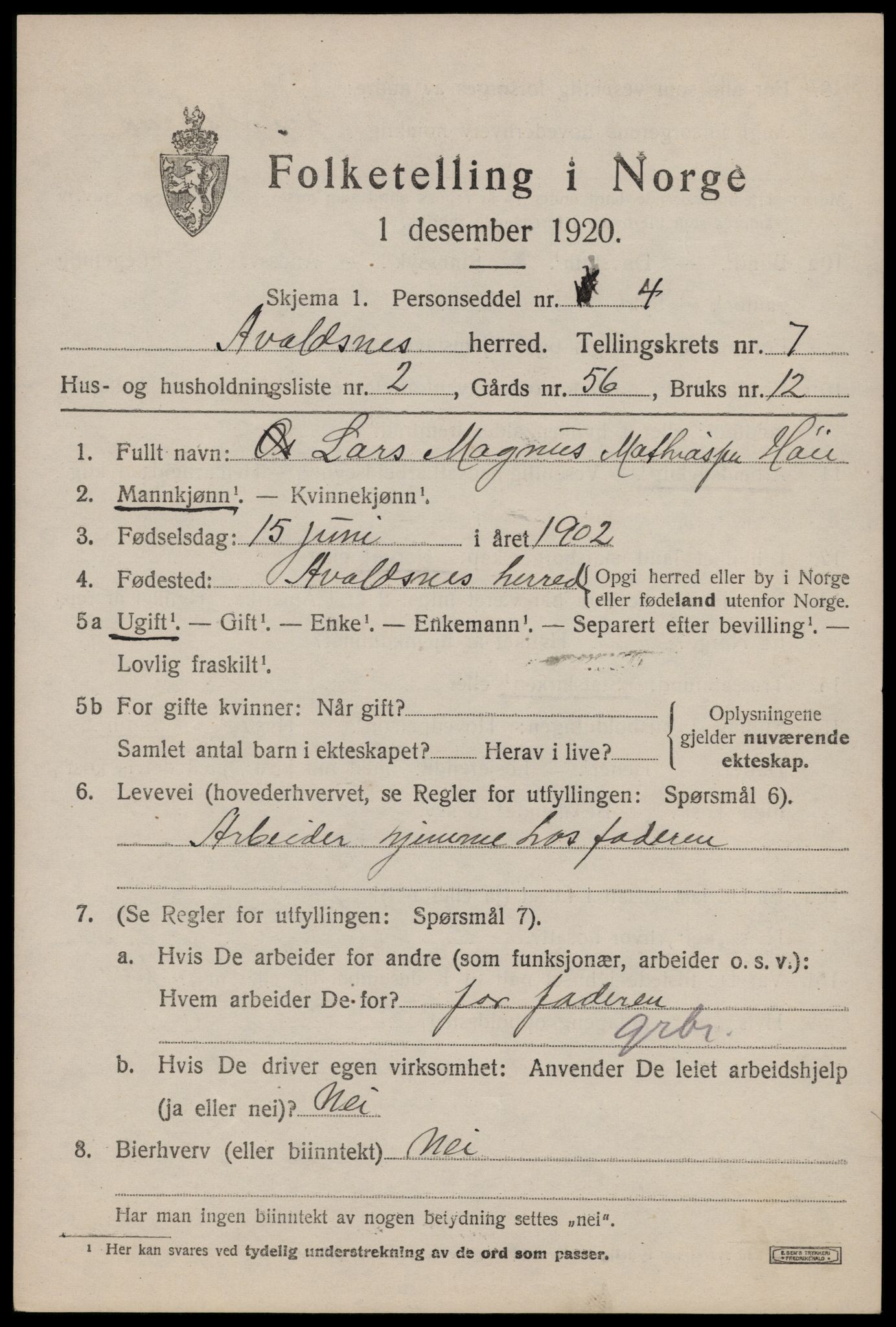 SAST, 1920 census for Avaldsnes, 1920, p. 5885