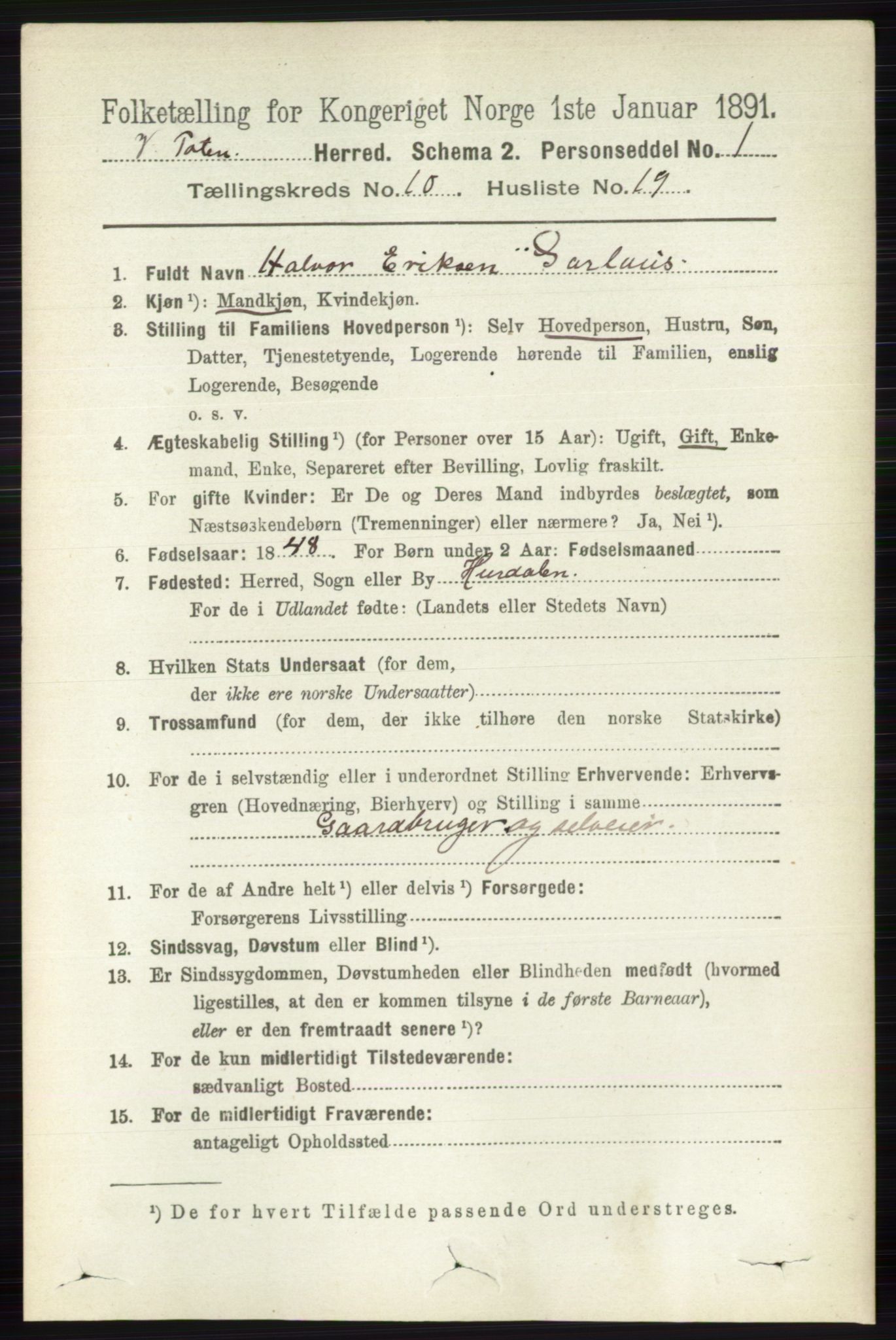 RA, 1891 census for 0529 Vestre Toten, 1891, p. 6299