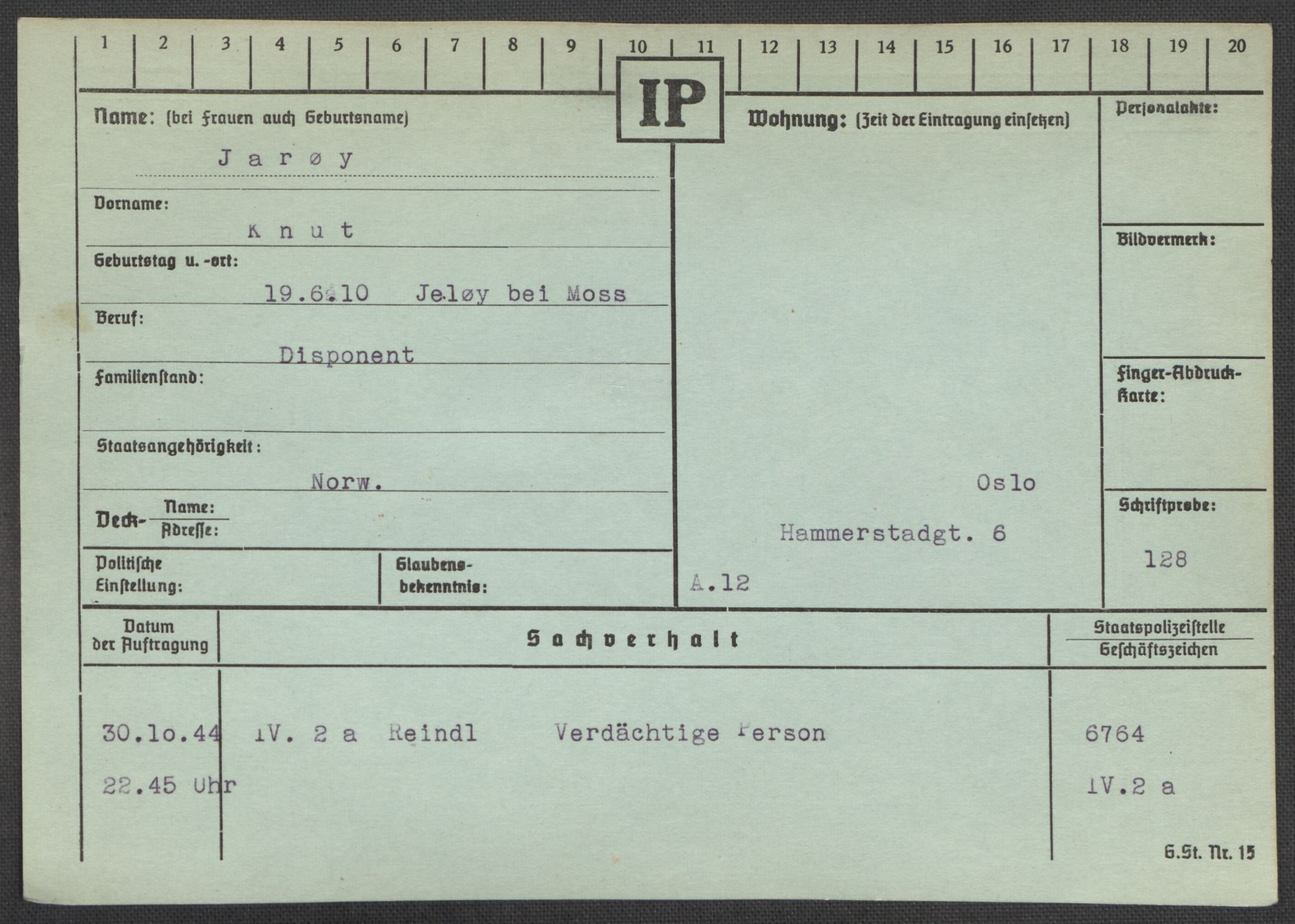 Befehlshaber der Sicherheitspolizei und des SD, AV/RA-RAFA-5969/E/Ea/Eaa/L0005: Register over norske fanger i Møllergata 19: Hø-Kj, 1940-1945, p. 401