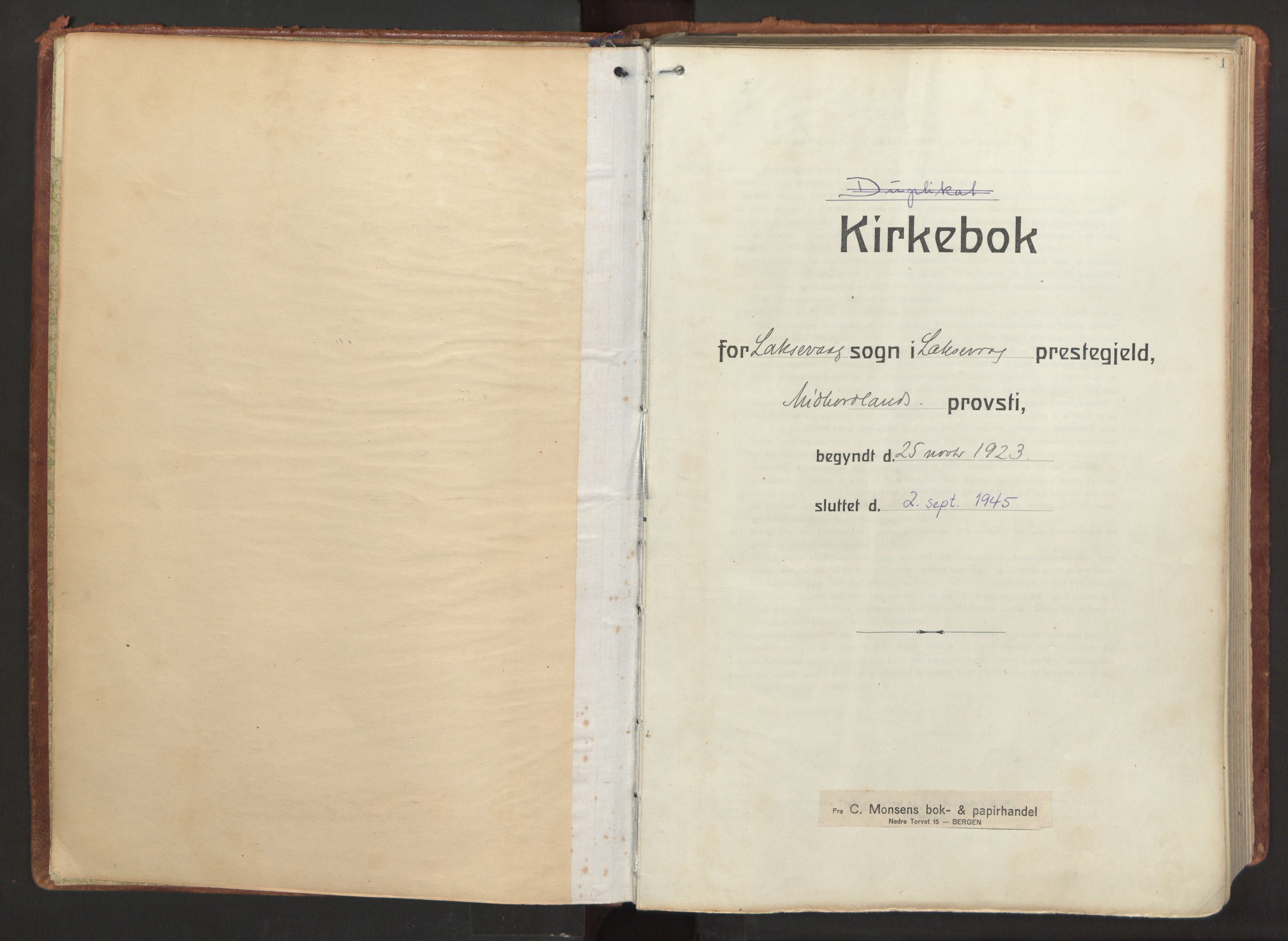 Laksevåg Sokneprestembete, SAB/A-76501/H/Ha/Haa/Haab/L0001: Parish register (official) no. B 1, 1923-1945, p. 1