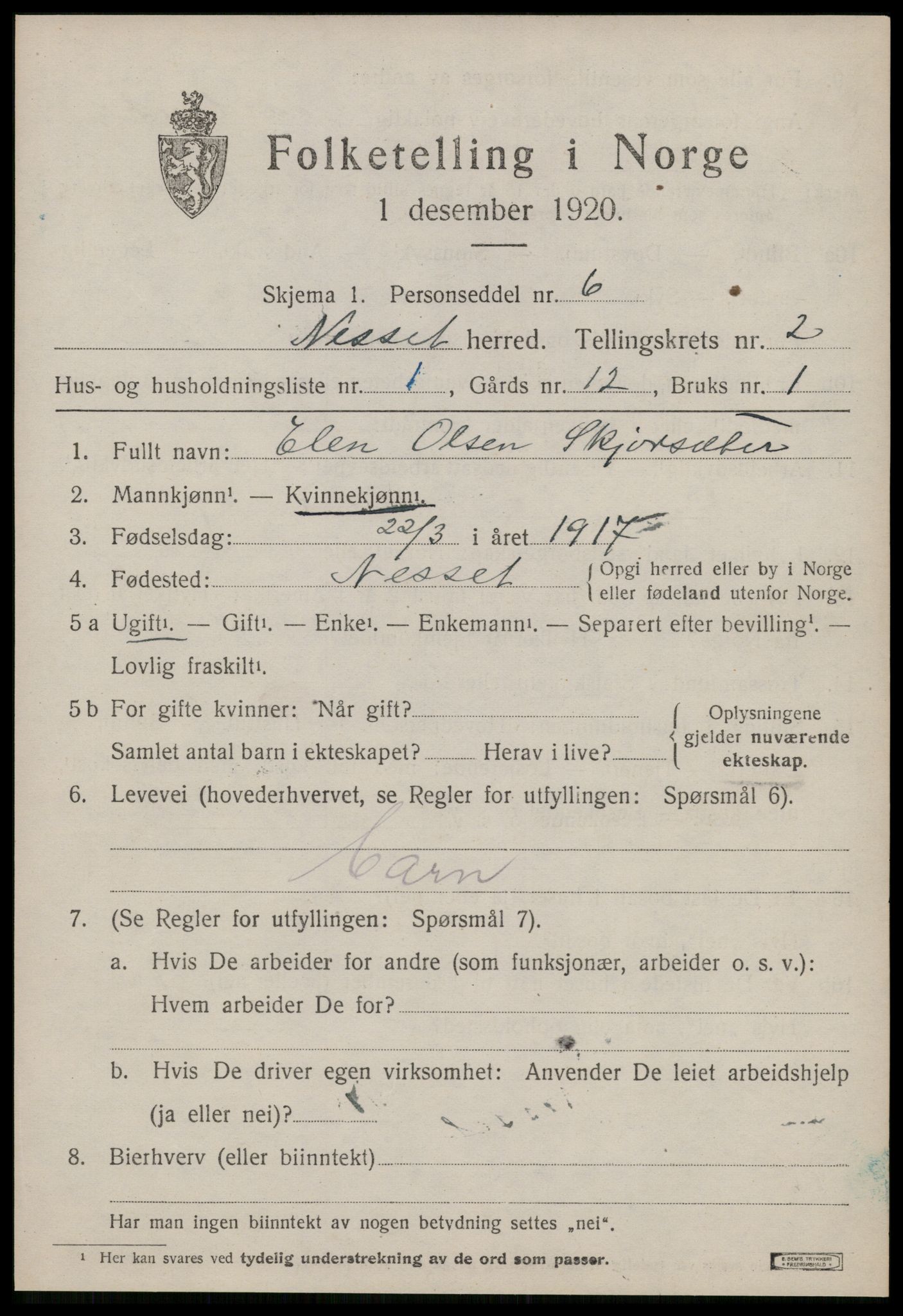 SAT, 1920 census for Nesset, 1920, p. 1000